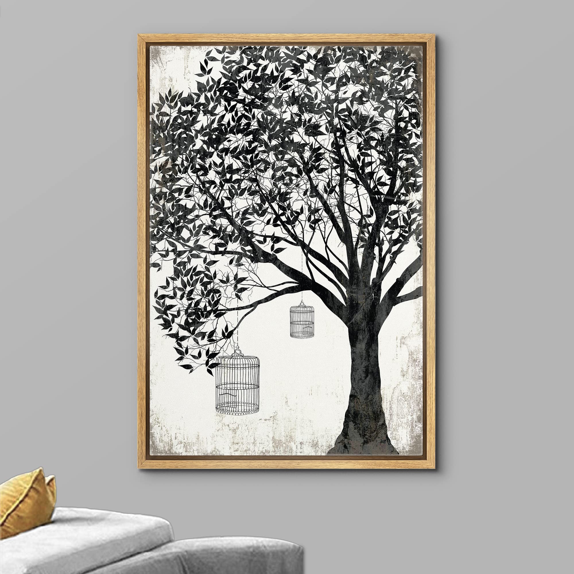 Wall26 Framed Canvas Print Wall Art Black & White Tree With Hanging Birdcages Floral Nature Illustrations Modern Art Rustic Dram