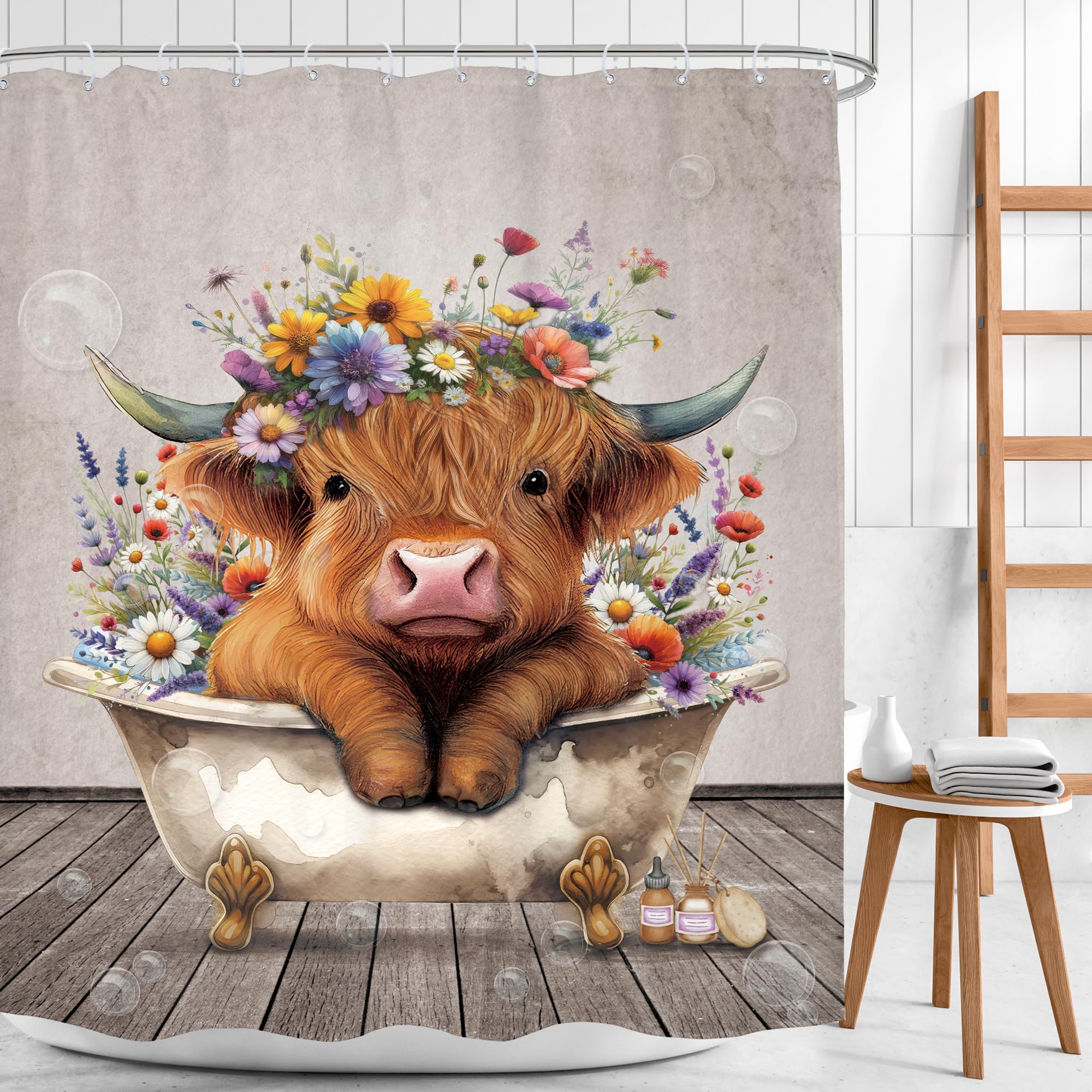 Mitpok Farmhouse Highland Cow Shower Curtain Cute Funny Rustic Floral Bull In Bath Vintage Spring Country Calf Farm Animal Wood