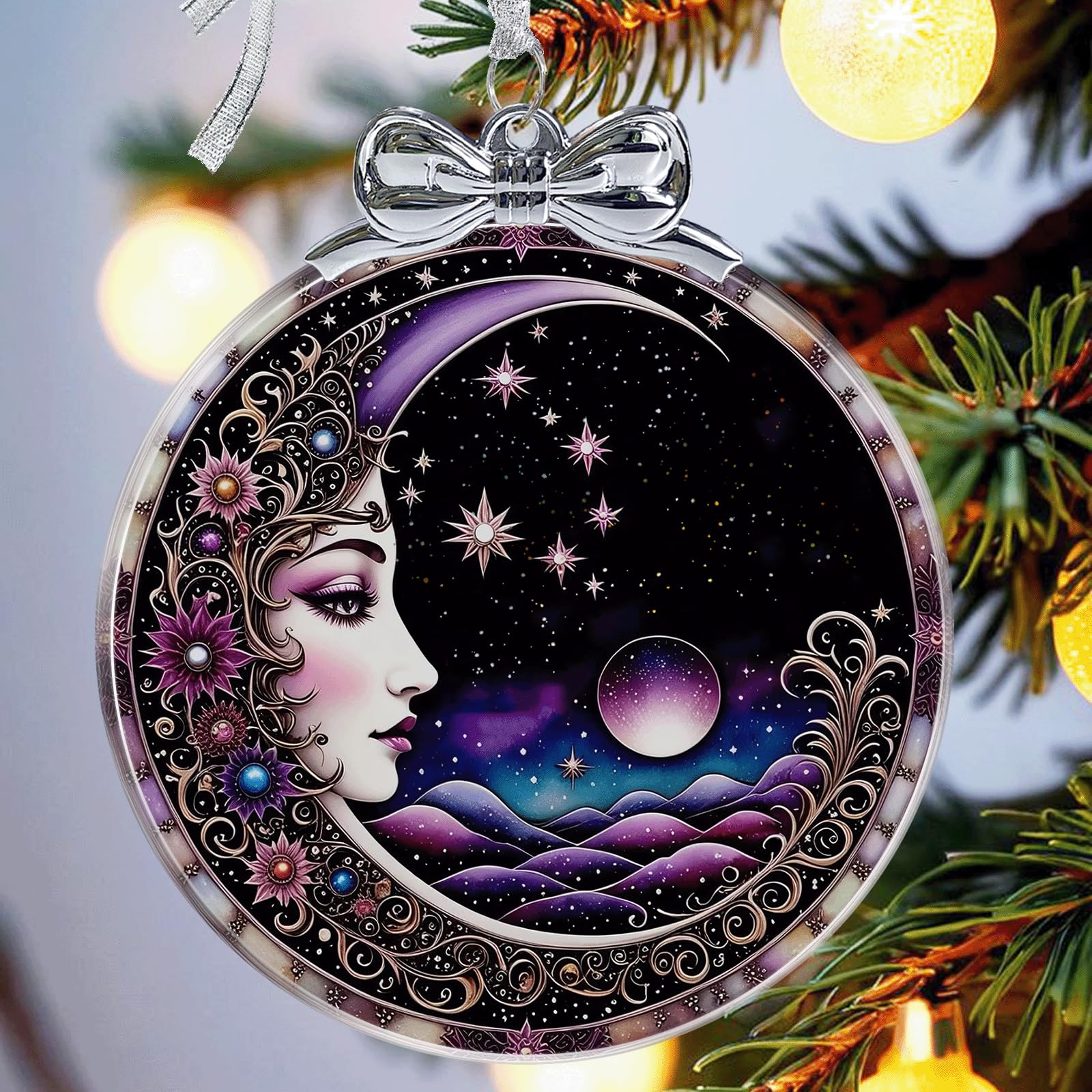 Sun and Moon Christmas Ornament Crystal Glass with Gift Box- Hanging Ornaments for Christmas Tree Xmas Decorations, Holiday Keep
