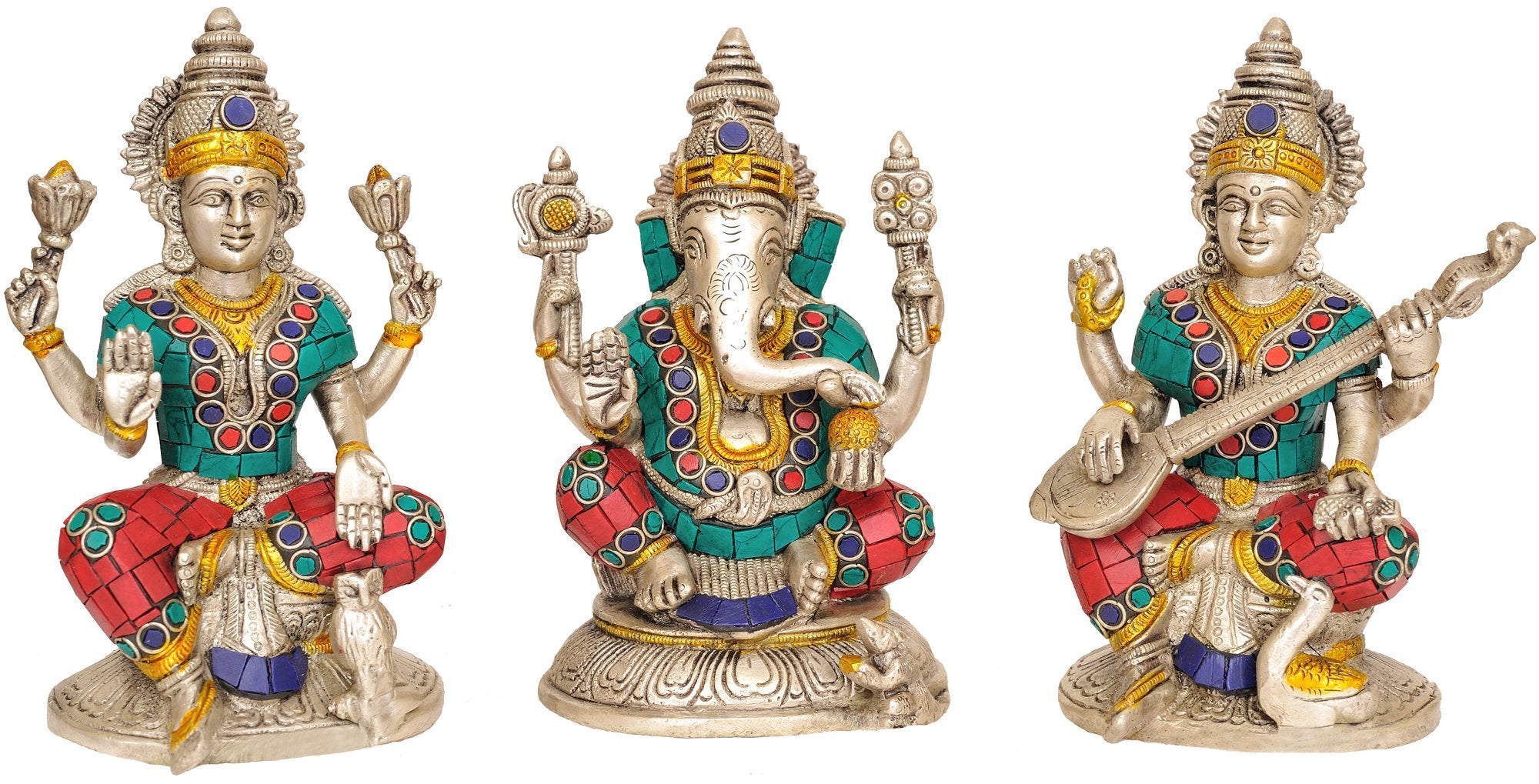 Idol Collections Brass Lakshmi Ganesha Ganesh Murti Idol Statue Saraswati Set Of Three Height 6.5 Inches