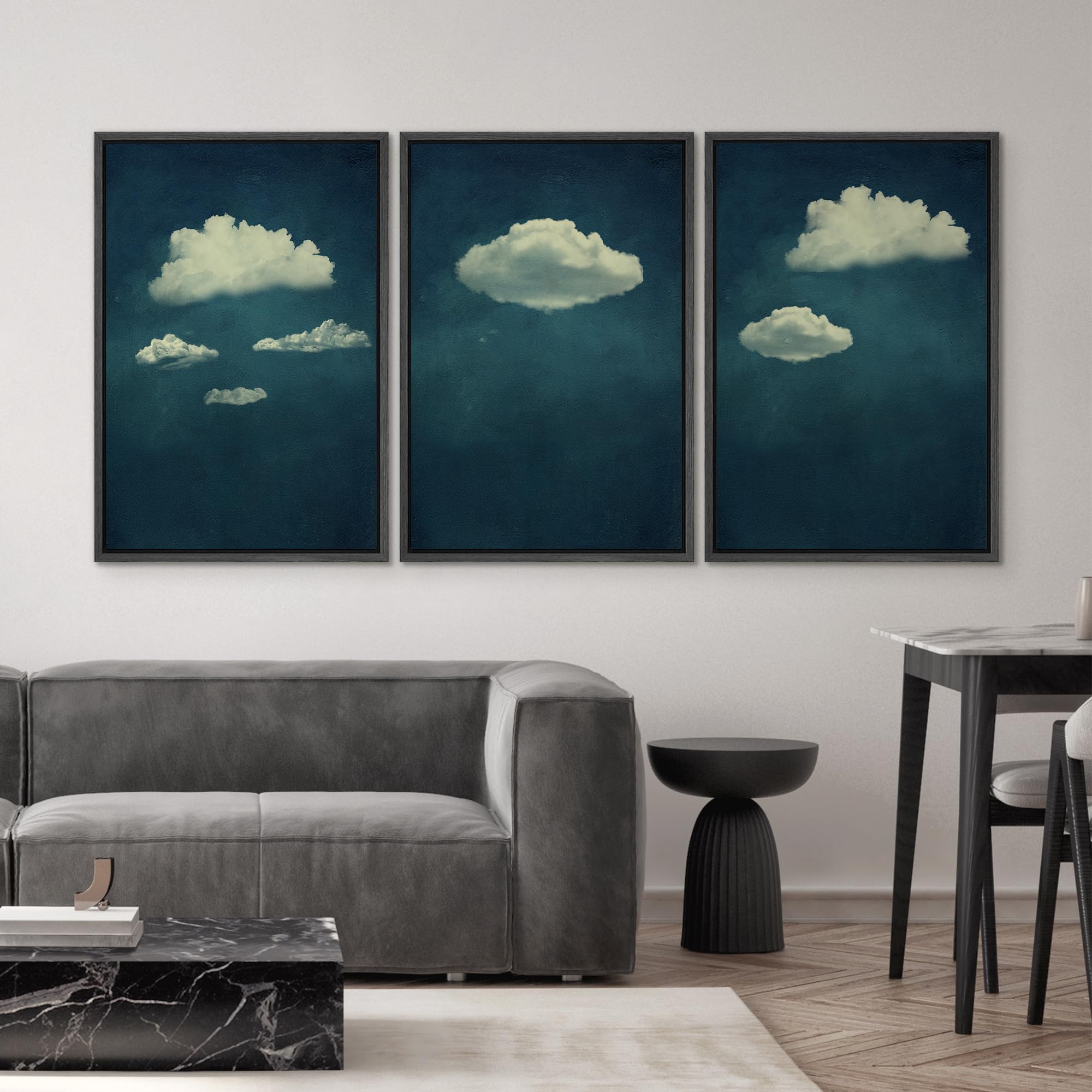 SIGNWIN 3 Piece Framed Canvas Wall Art A Series of White Clouds in The Blue Sky Nature Wilderness Illustrations Abstract Traditional Home Artwork Decoration for Living Room Bedroom - 16''x24''x3 Black
