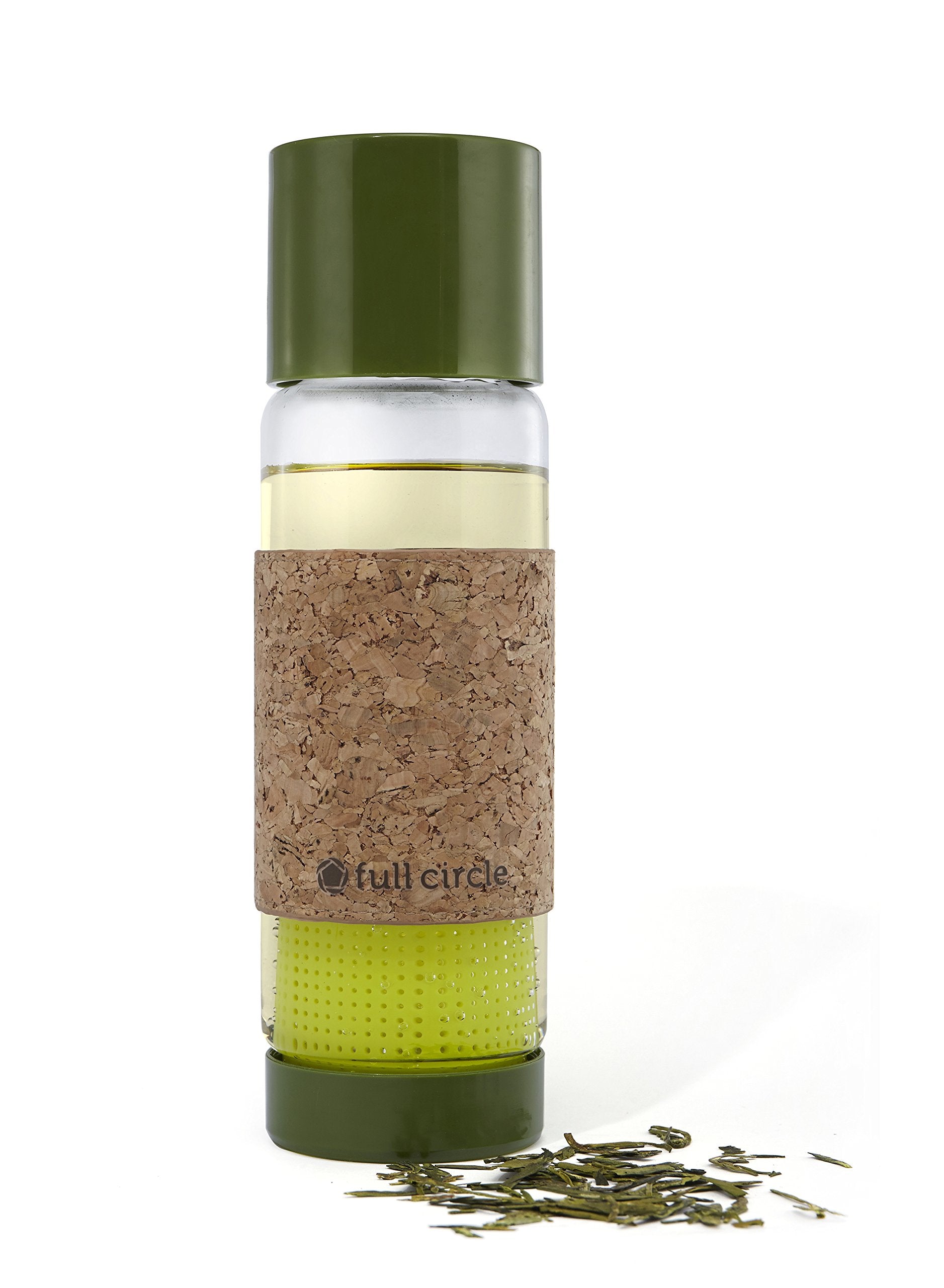 Full Circle Tea Time Insulated Glass Travel Bottle with Tea Infuser & Cork Sleeve, Sencha Green