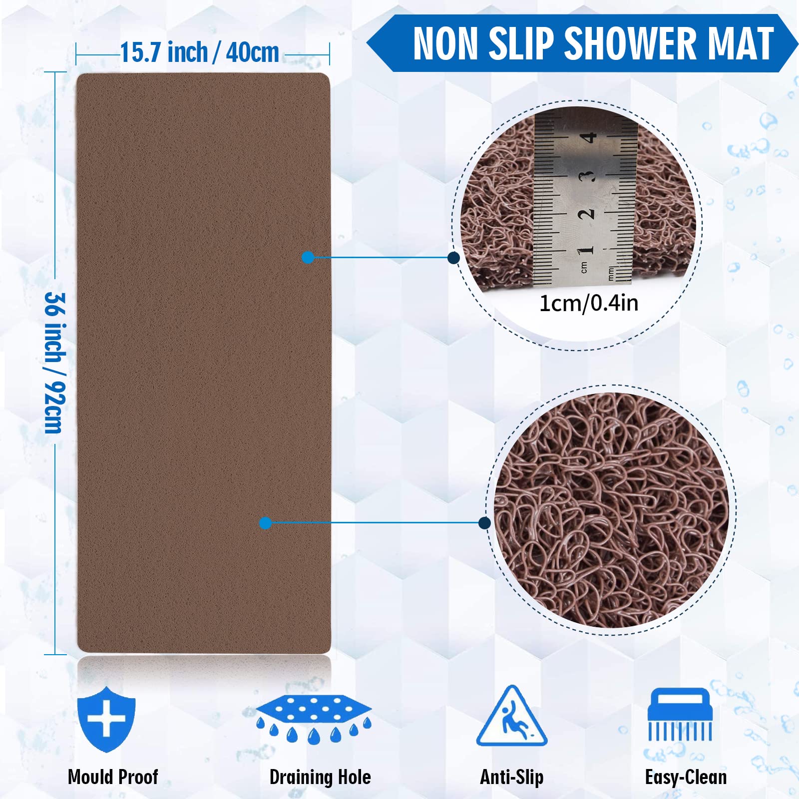 Non Slip Bathtub Mat, 15.7   36 Inch, Bath Mat For Textured Tub Surface, Loofah Mats For Shower And Bathroom, Quick Drying, Brow
