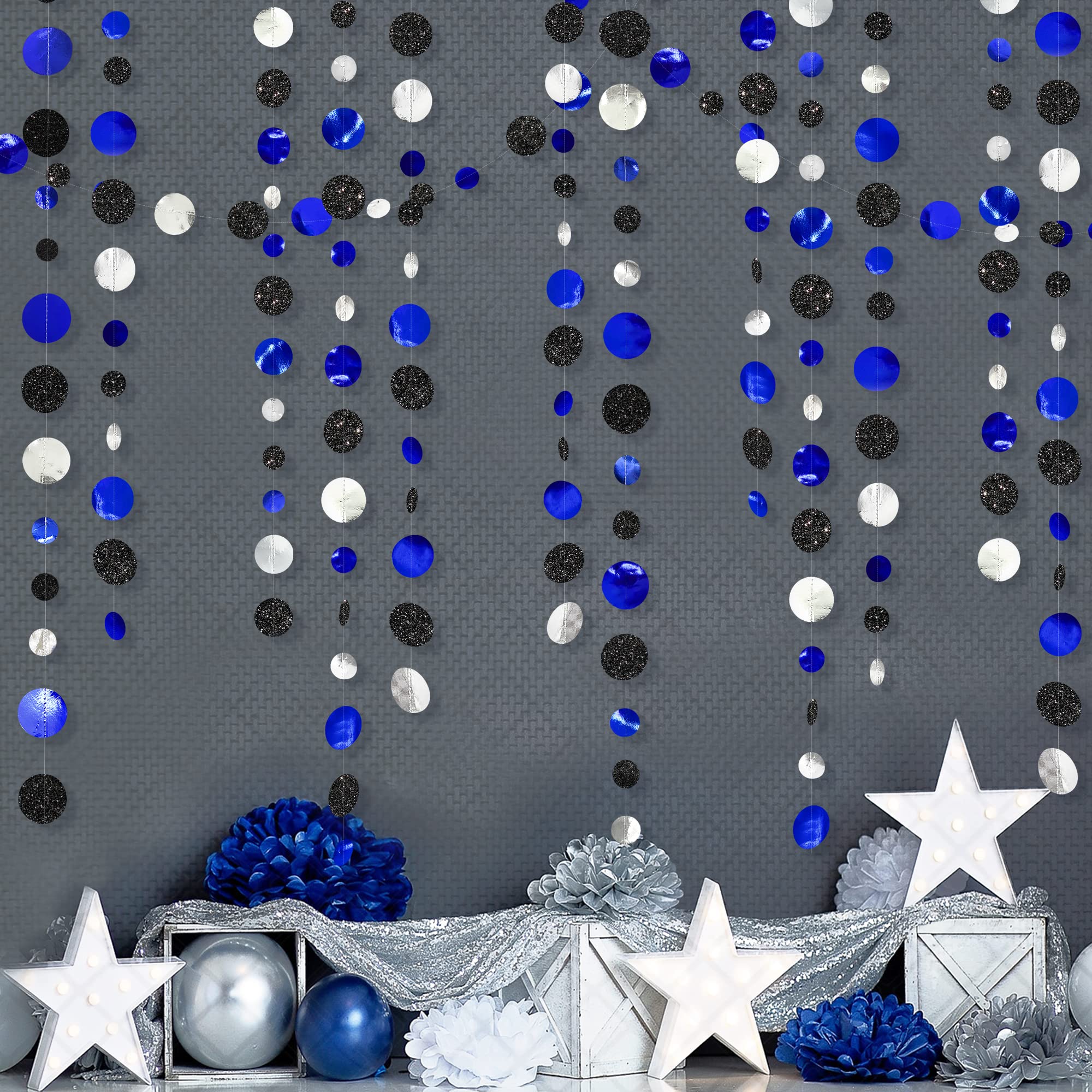 46Ft Navy Blue Black Silver Circle Dots Garland Royal Blue Black Polka Dots Streamer For Birthday Graduations Wedding Bridal Bab