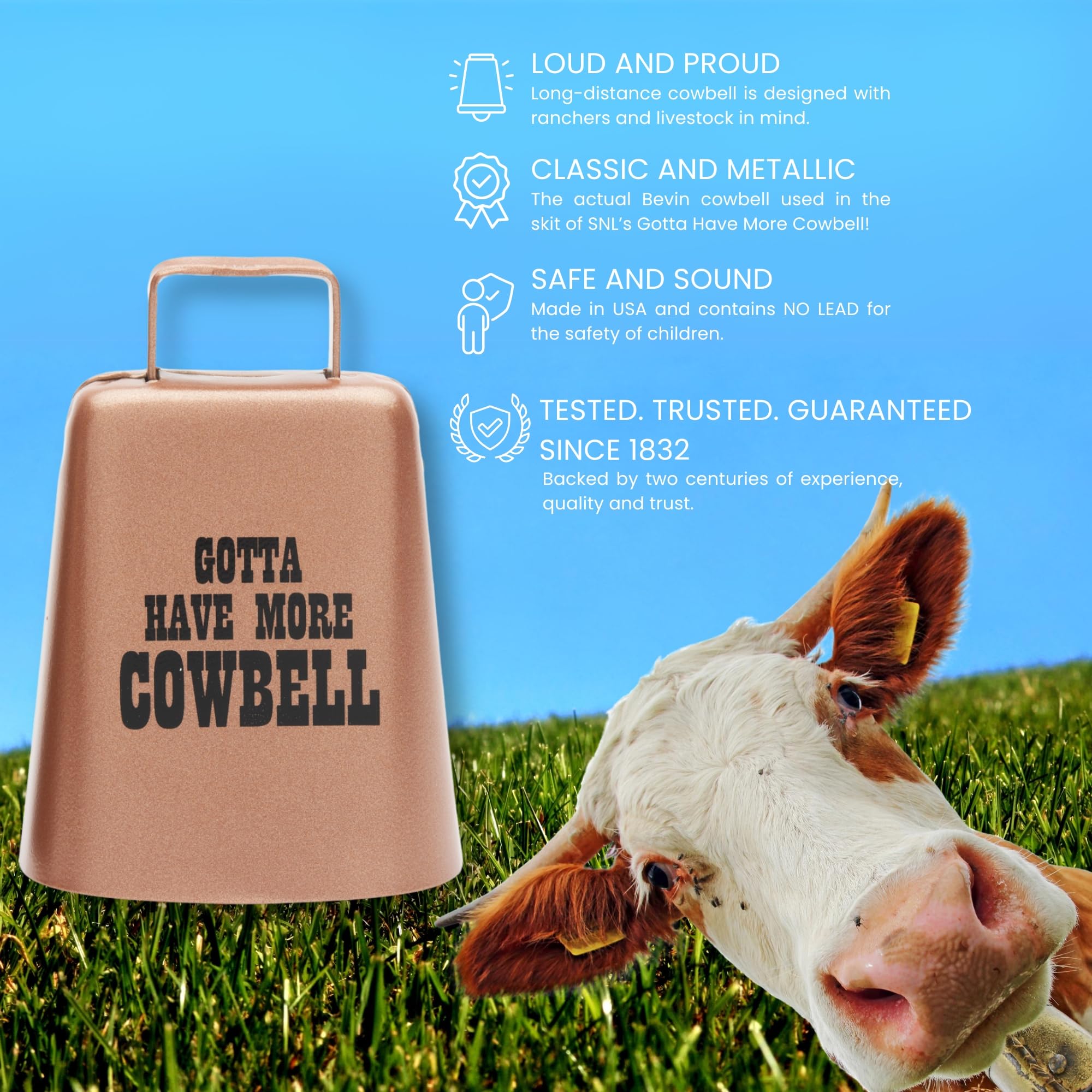 Bevin Bells Gotta Have More Cowbell (Xl)  Kentucky Cow Bell W Copper Color  Made From Steel  Loud Noise Makers W Handle  Made In