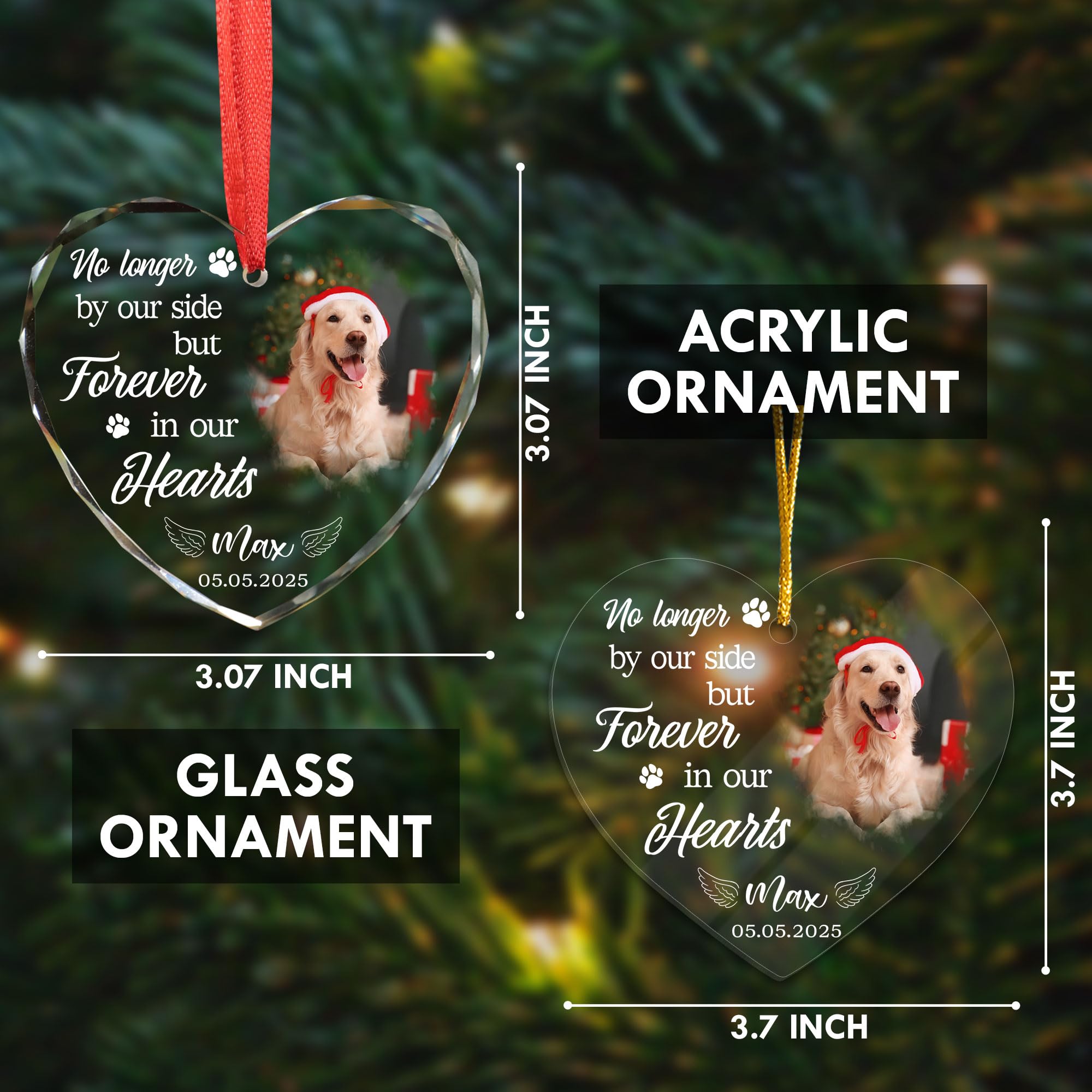 Custom Dog Photo Ornament 2025 - Dog Loss, Pet Sympathy, Remembrance Keepsake - No Longer by Our Side Glass Ornament for Christm