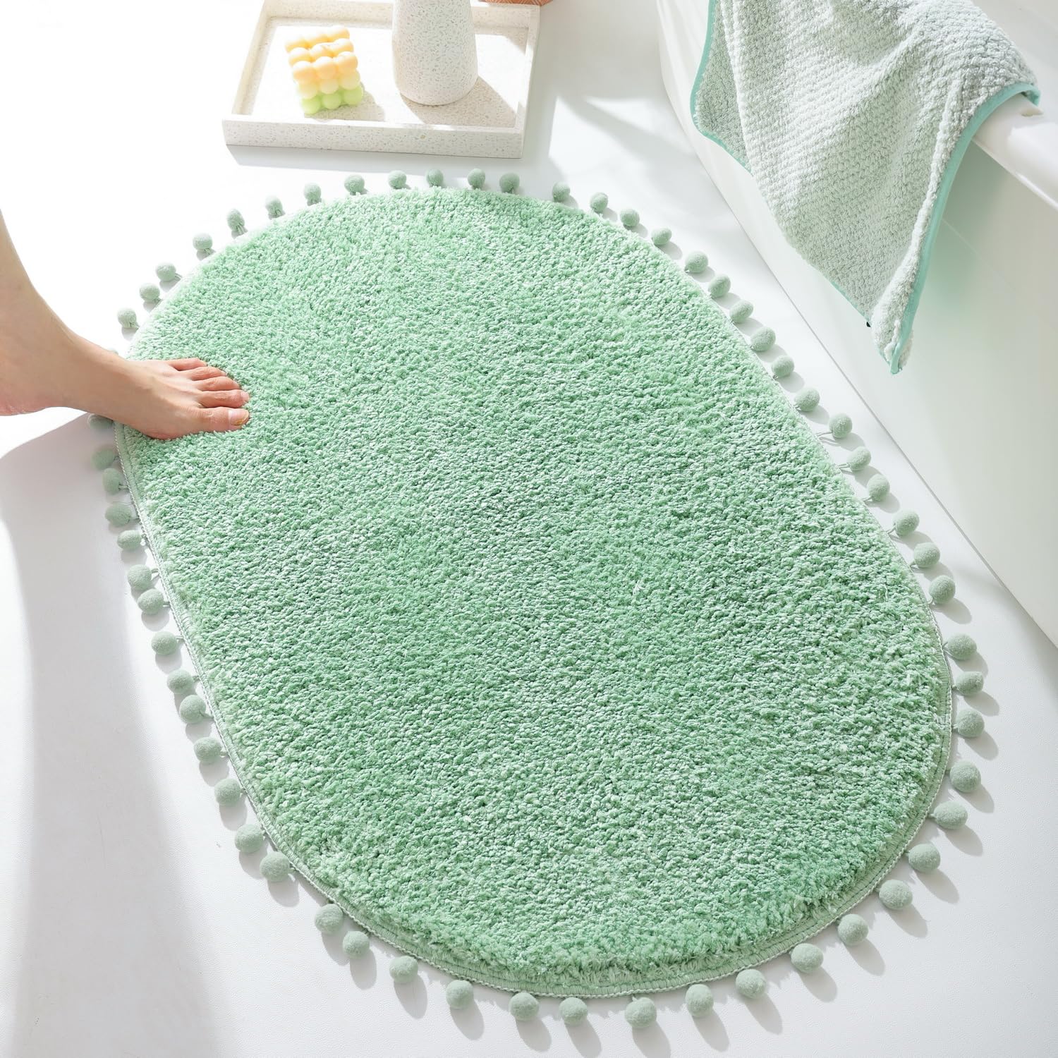 Yirddeo Sage Green Pom Bath Rug For Bathroom Non Slip, Cute Boho Pom Oval Absorbent Shower Mat, Plush Soft Washable Rug (20X30 I