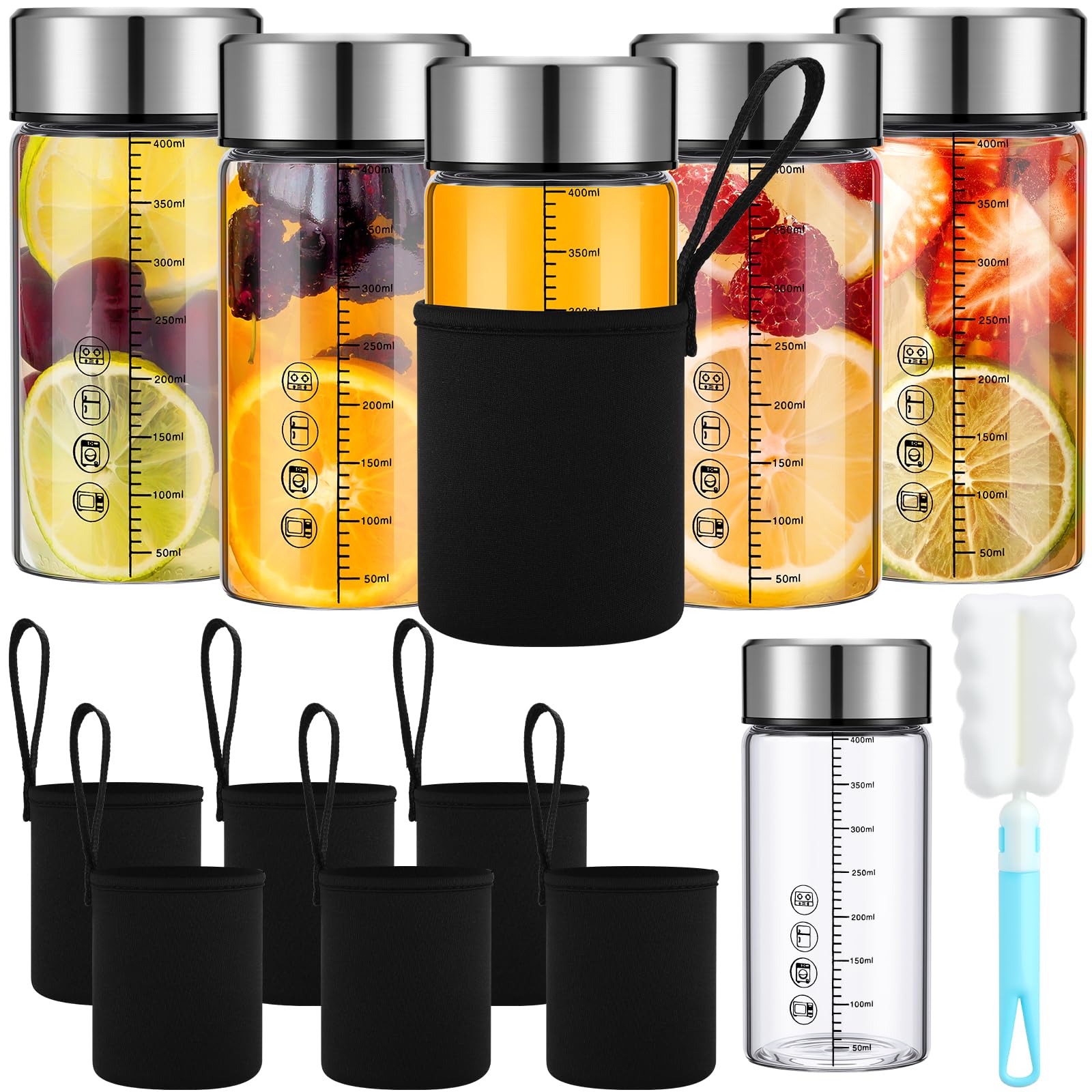 Vesici 6 Pack Wide Mouth Glass Juice Bottles Glass Water Bottles with Lids and Sleeve for Juicing Smoothies Milk Protein Infused