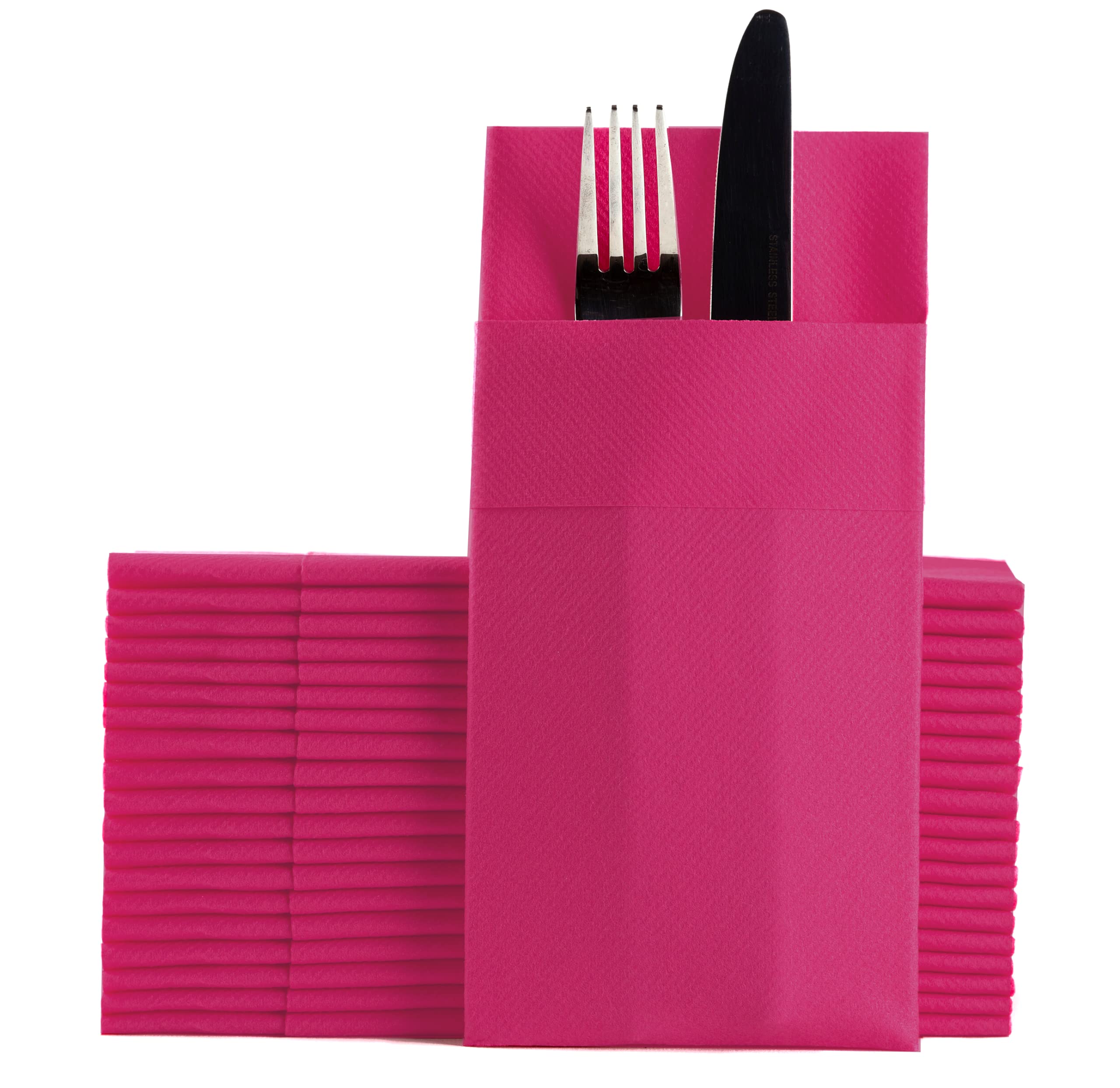 Fuchsia Dinner Napkins Cloth Like With Built-In Flatware Pocket, Linen-Feel Absorbent Disposable Paper Hand Napkins For Kitchen,