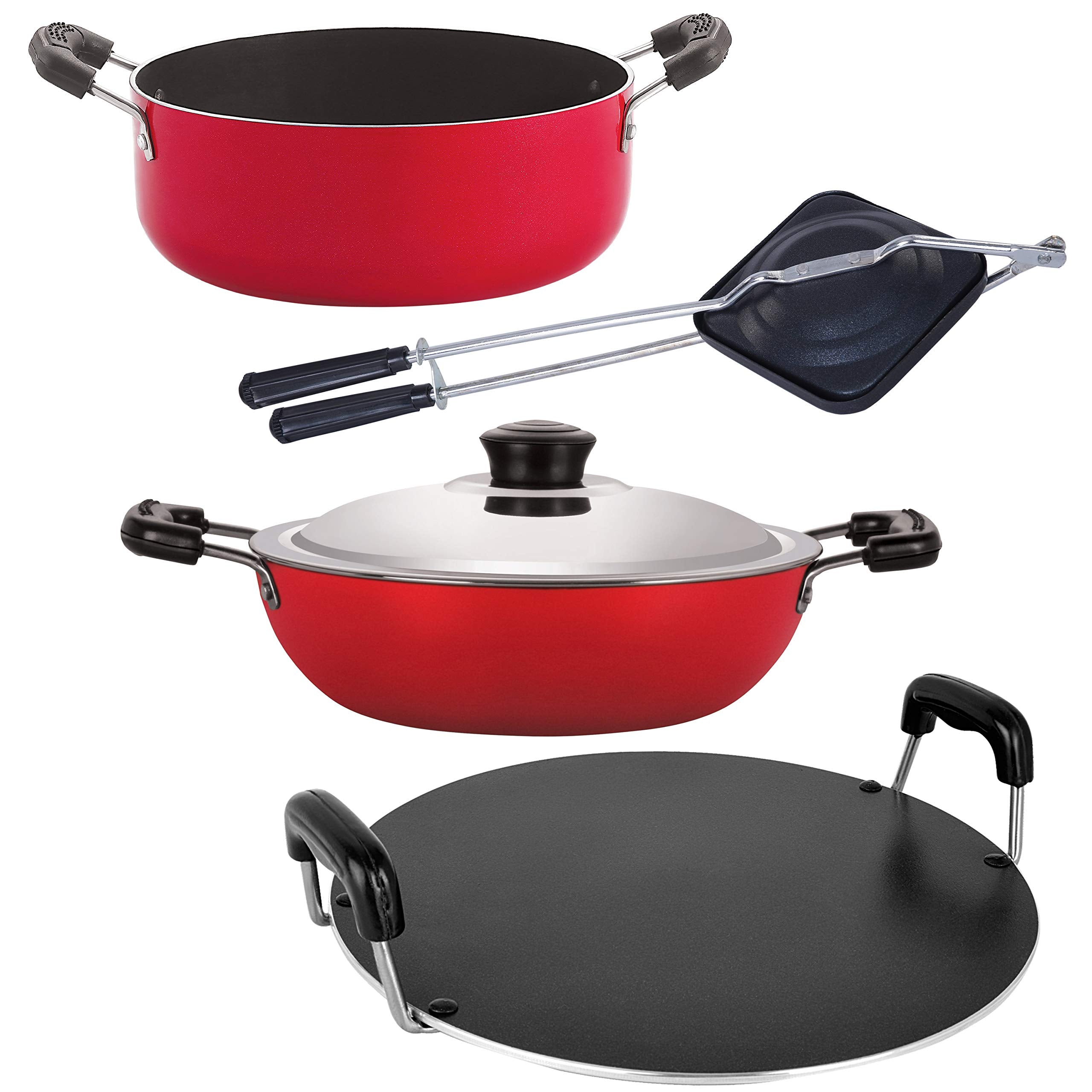 Nirlon NonStick Aluminum Cookware Set, 4Piece, Red And Black (2.6Mm_Dkd(M)_Rt_Ht_Cass20)