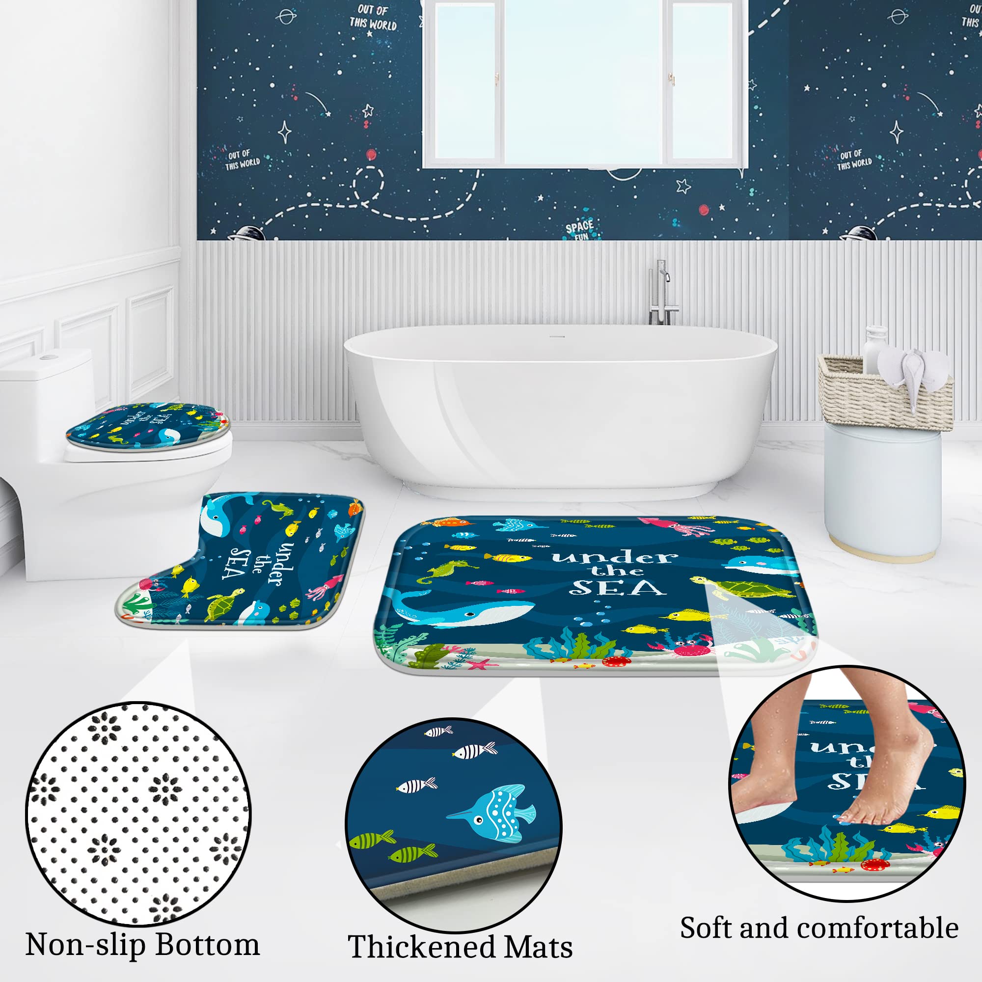Poedist 4 Pcs Bathroom Shower Curtain Sets,Kid'S Shower Curtain Sets With Rugs(Bath Mat,U Shape And Toilet Lid Cover Mat) And 12