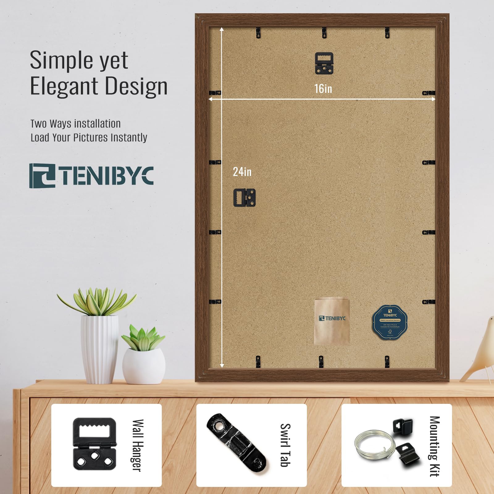 TENIBYC 16x24 Wood Frame - 4 Pack, Brown Wood Grain, Display 16x24 or 24x16 Photos, Posters and Puzzles, Picture Frame for Wall