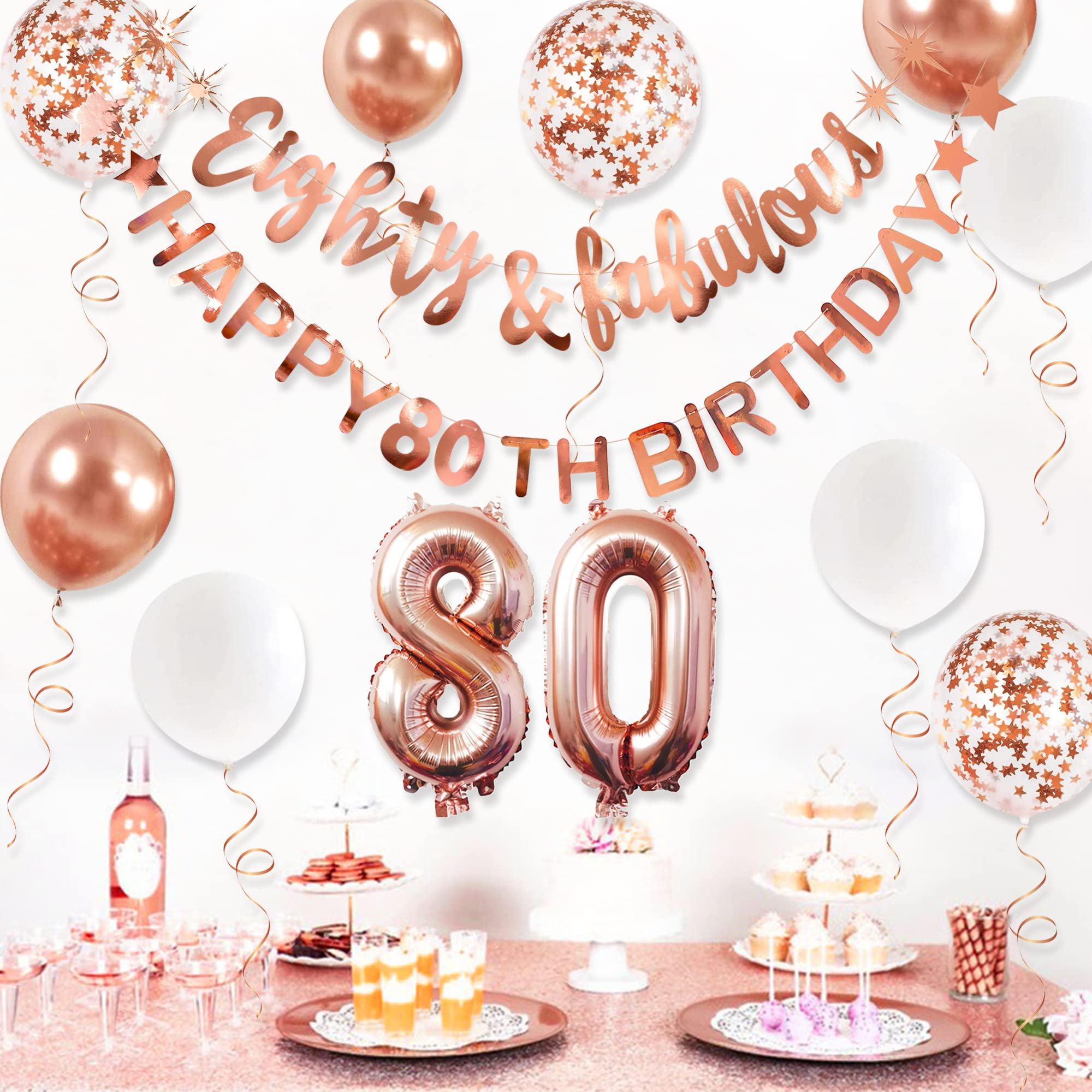Rose Gold Eighty & Fabulous Happy 80Th Birthday Banner Garland Foil Balloon 80 For Womens 80Th Birthday Decorations Hanging 80 A