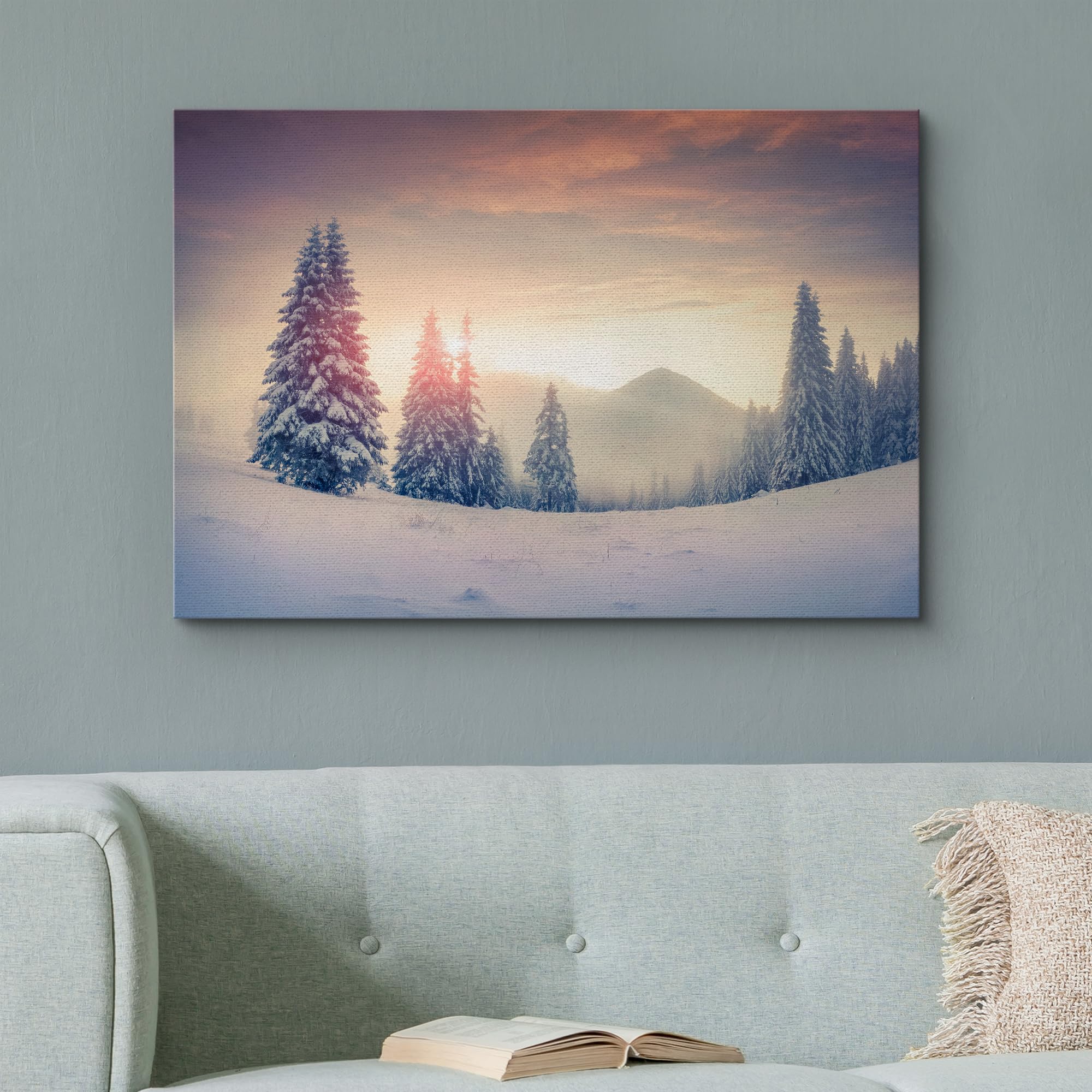 Canvas Prints Wall Art - Foggy Winter Sunrise In The Mountains Vintage/Retro Style Nature Beauty - 24'' X 36''