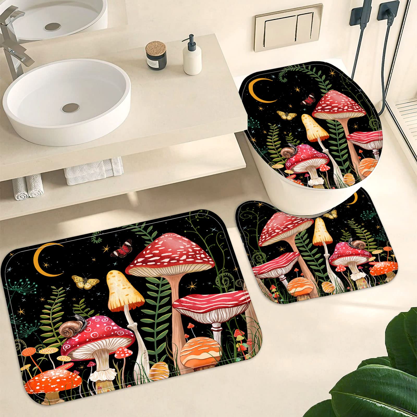 Fungarth 4 Pcs Mushroom Shower Curtain Set With Rug Black Red Floral Bathroom Sets With Waterproof Fabric Shower Curtain And Non