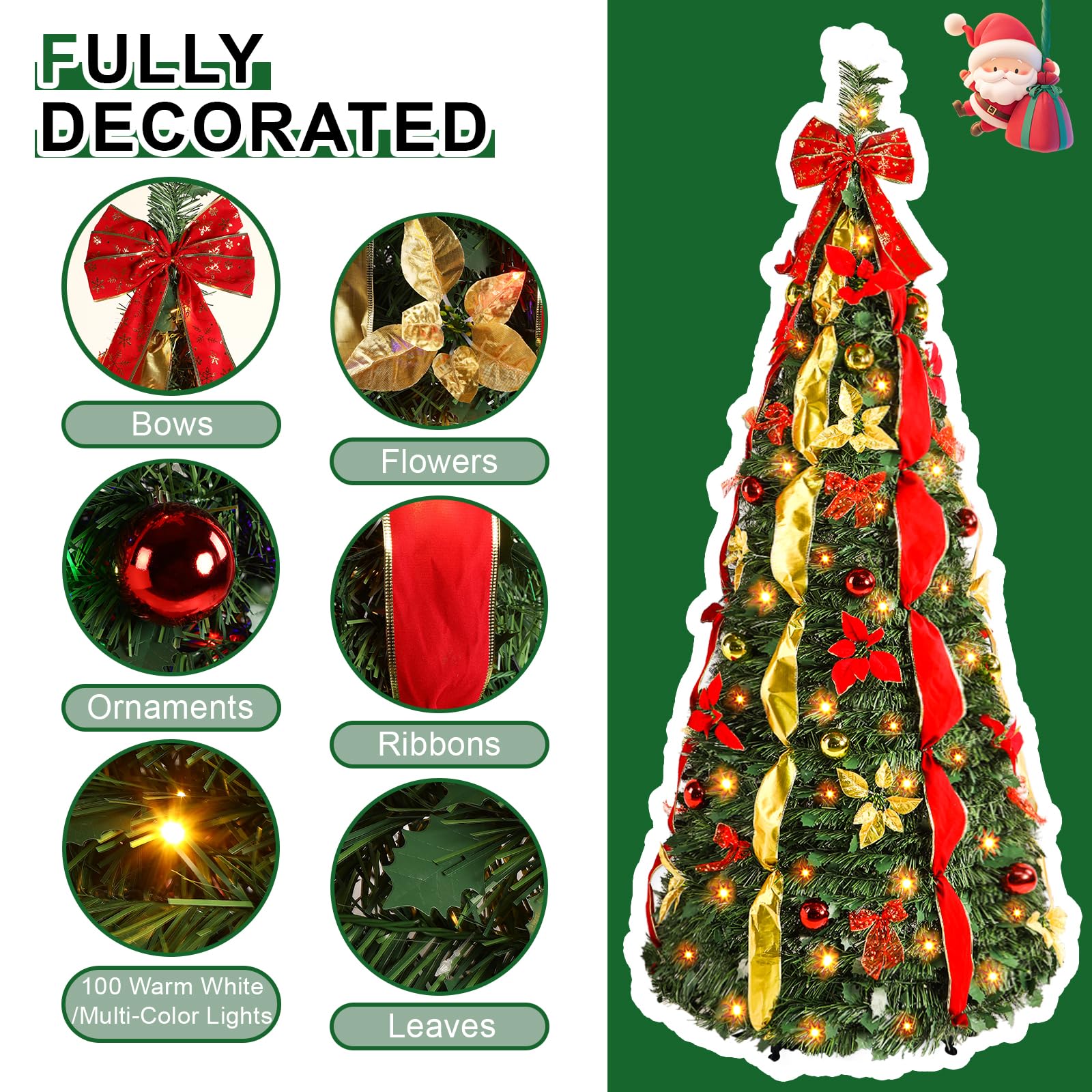 7ft Pop Up Prelit Artificial Christmas Tree with Remote Control, Collapsible Christmas Tree Pre-Decorated Red&Gold Decorations,