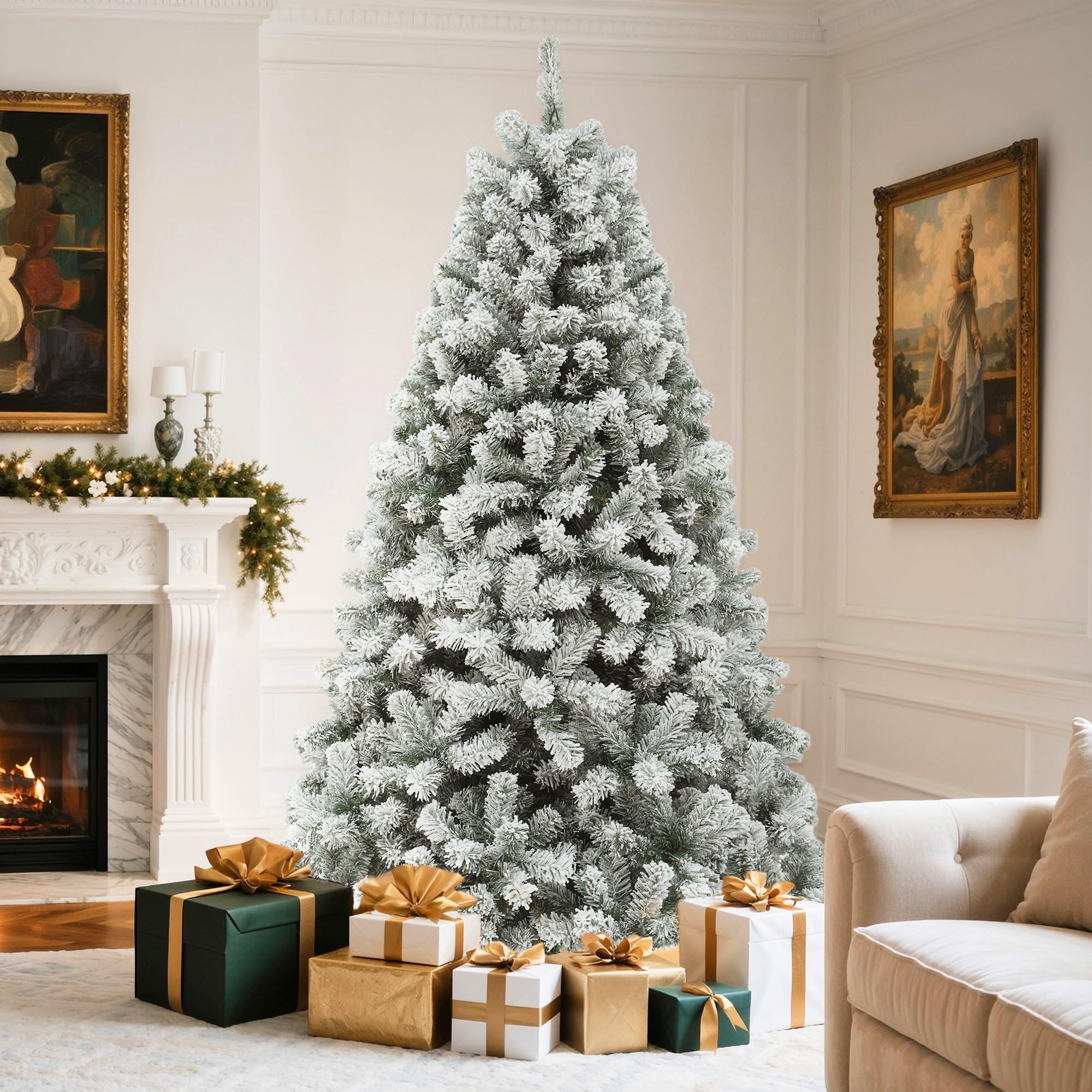 YITAHOME Snow Flocked Artificial Full Christmas Tree, Christmas Pine Tree with 880 Branch Tips, and Foldable Base for Home, Part