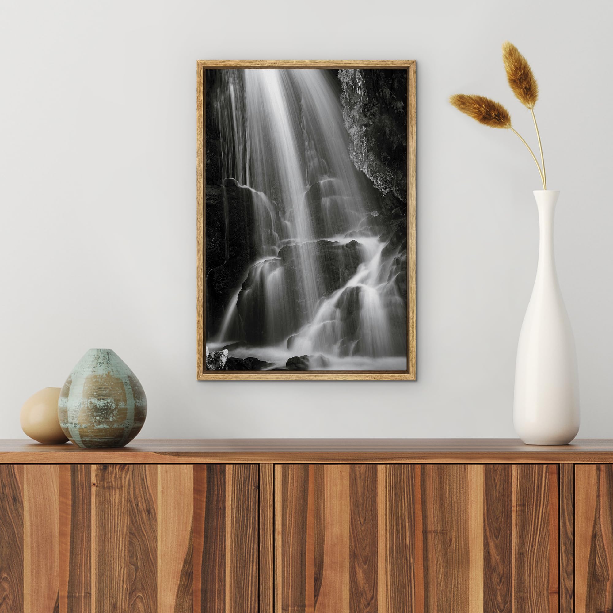 Wall26 Framed Canvas Print Wall Art Serene Black And White Waterfall Animals Photography Realism Rustic Scenic Landscape Wildern