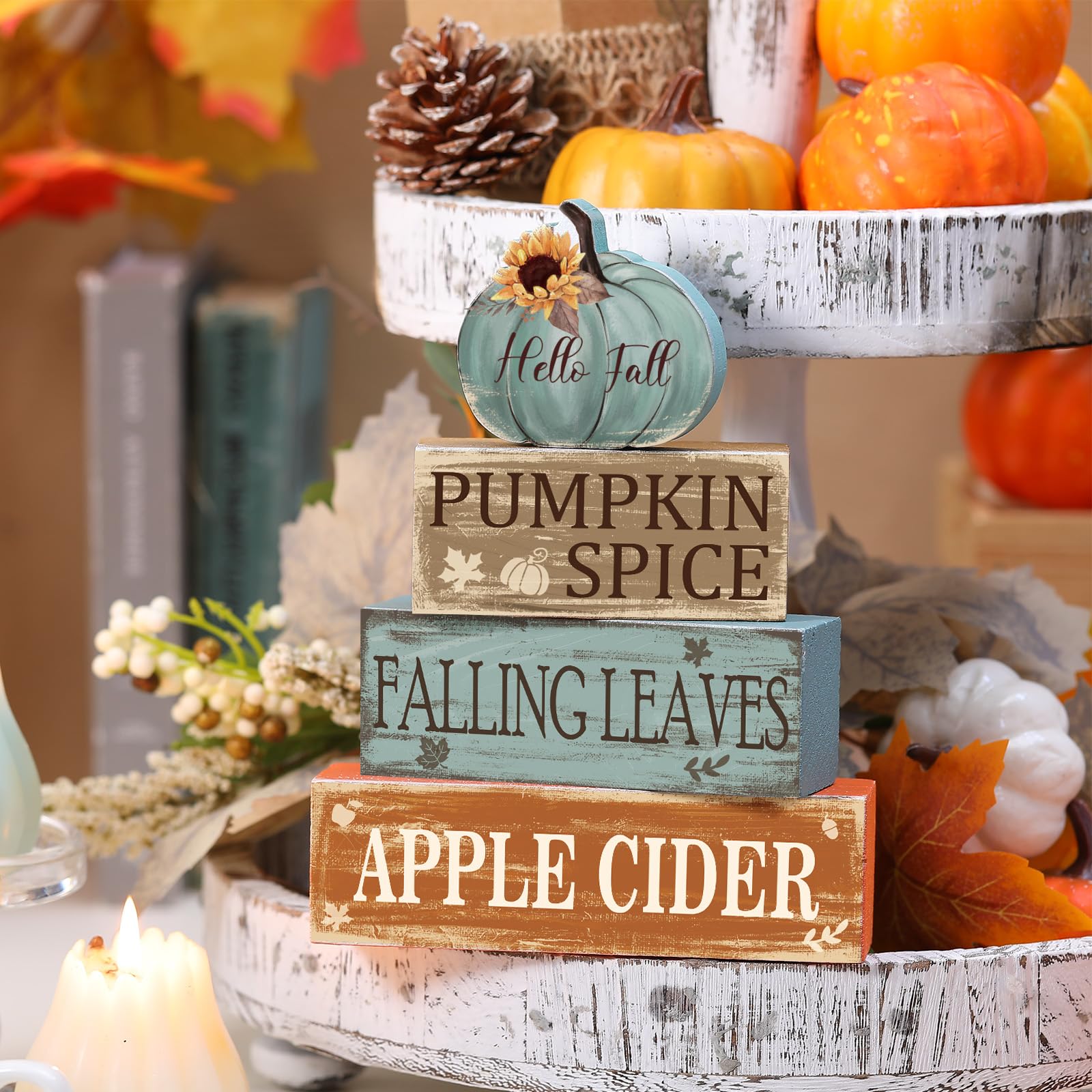 4 Pcs Fall Thanksgiving Decor for Home Hello Fall Wooden Sign with Sunflower Autumn Thanksgiving Tiered Tray Decor Pumpkin Spice