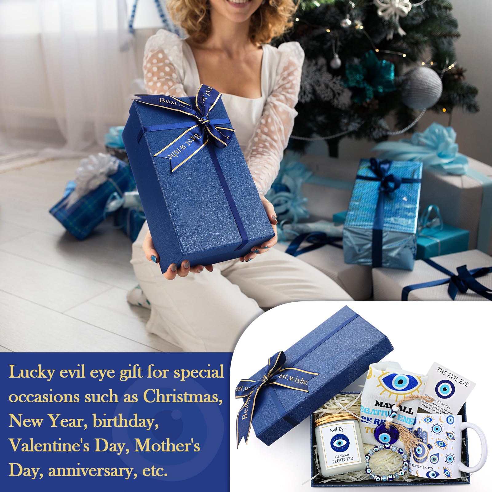 Skylety 8 Pcs Evil Eye Gift for Women Evil Eye Mug Protection Candle Bracelet Charm Makeup Bag Good Luck Card Spiritual Gift for