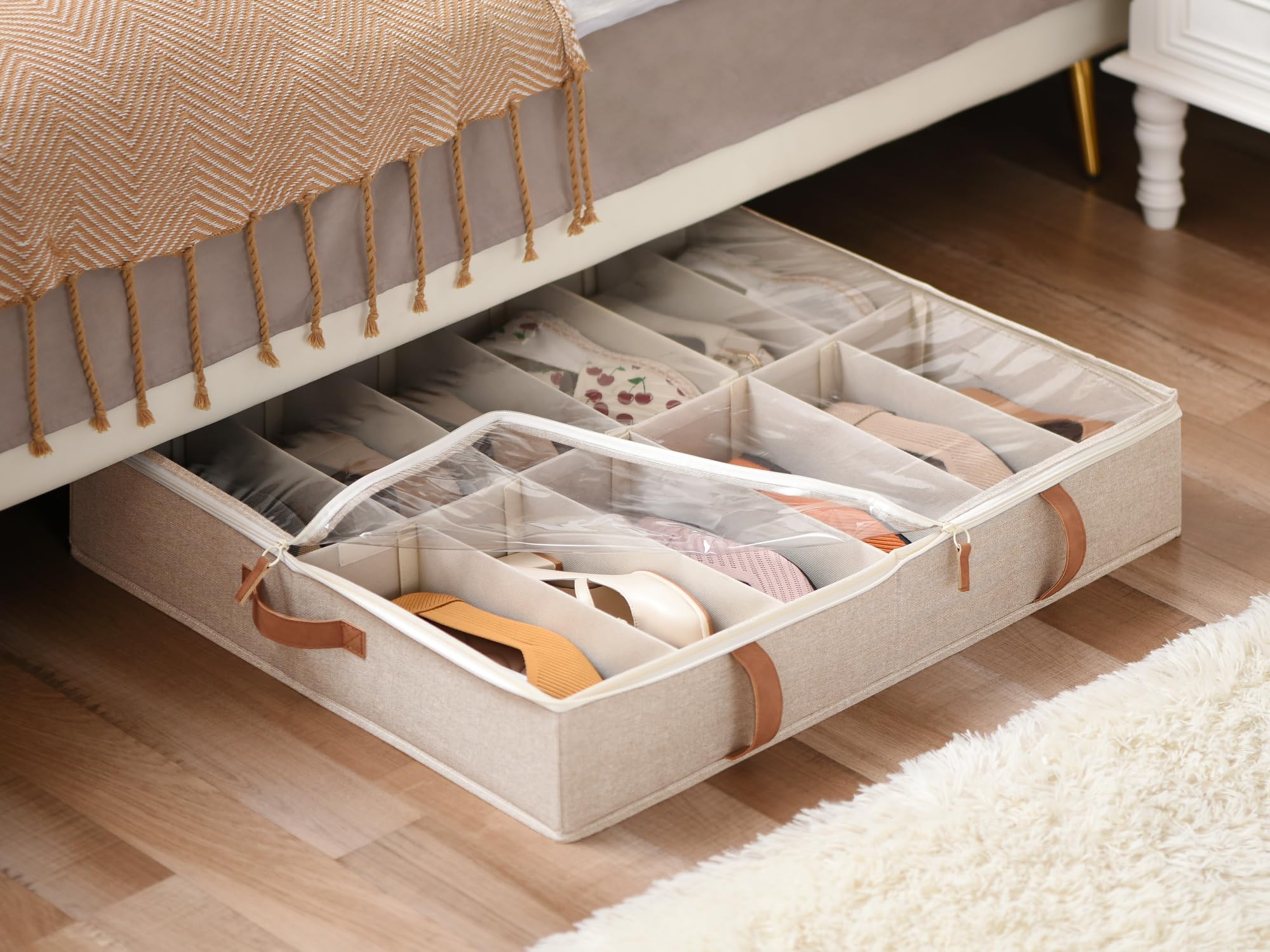 StorageWorks Under Bed Shoe Storage Organizer, Underbed Shoes Container with Adjustable Dividers, Shoe Storage Basket with Cover