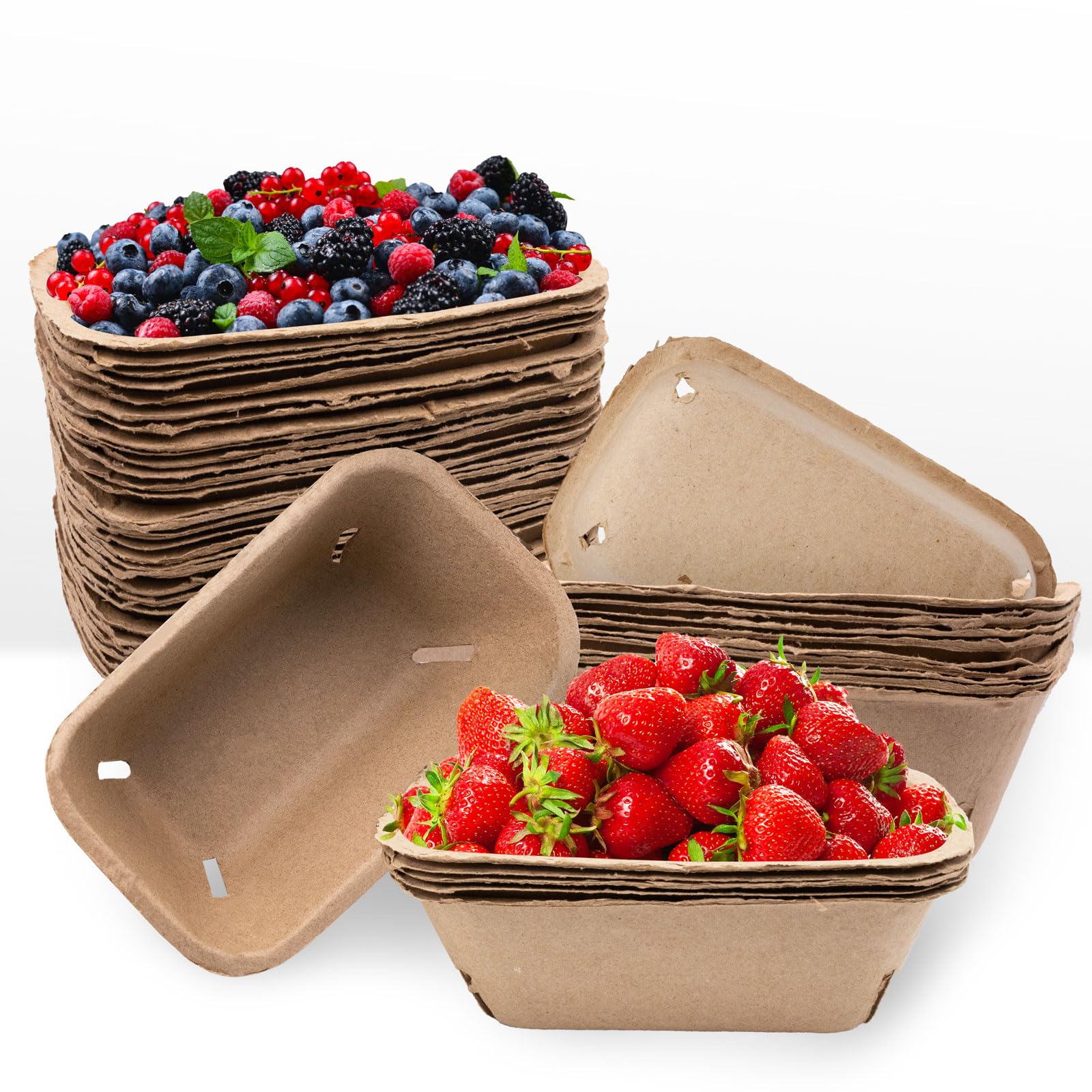30 Pack Natural Pulp Fiber Large Berry Baskets, Vented Produce Containers for Strawberry, Blueberry, Raspberry, Egg, Fruit, Vege