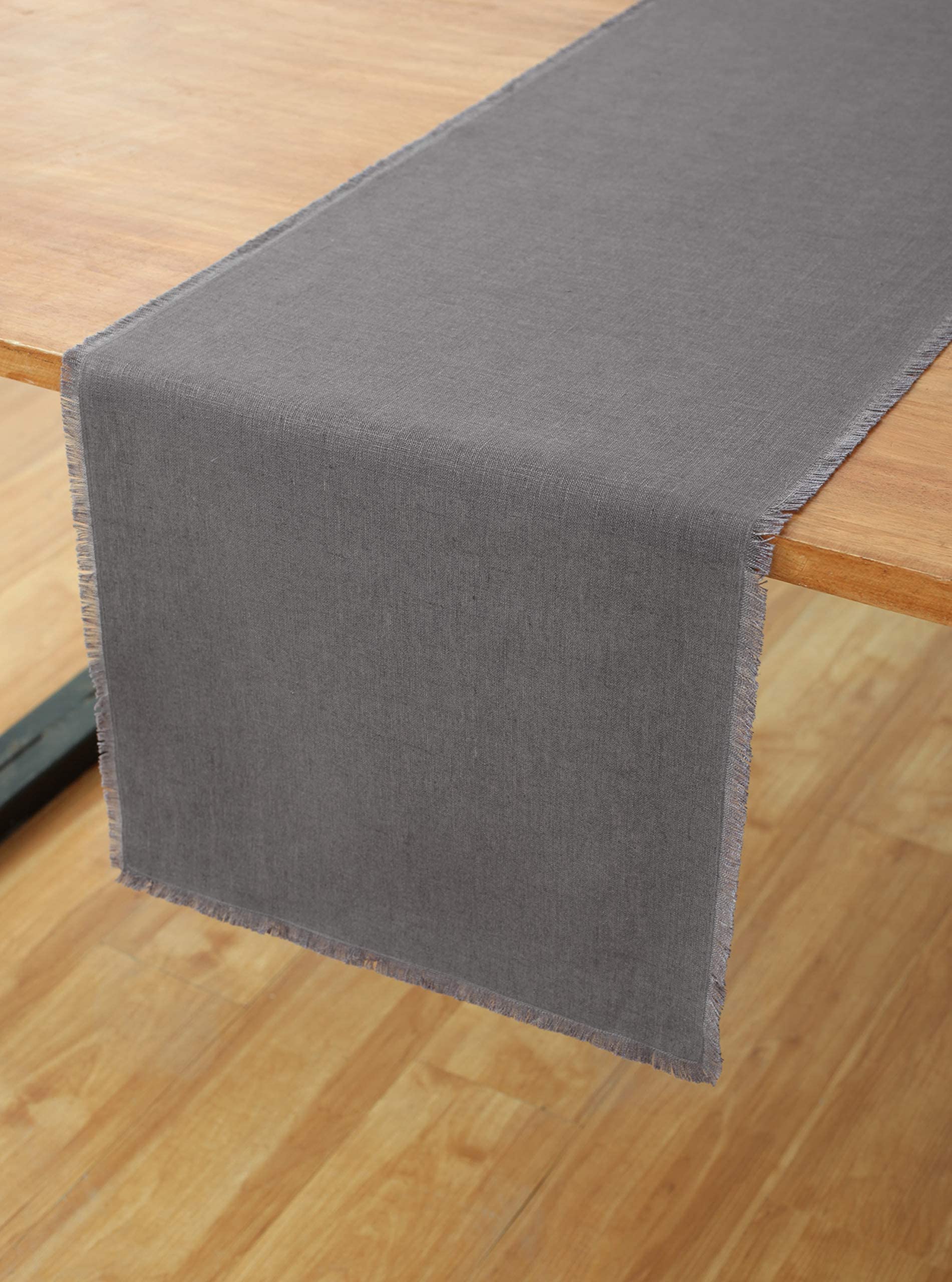 Solino Home Fringe Linen Table Runner 14 X 120 Inch - 100% Pure Linen Charcoal Table Runner For Spring, Summer, Dining, Wedding