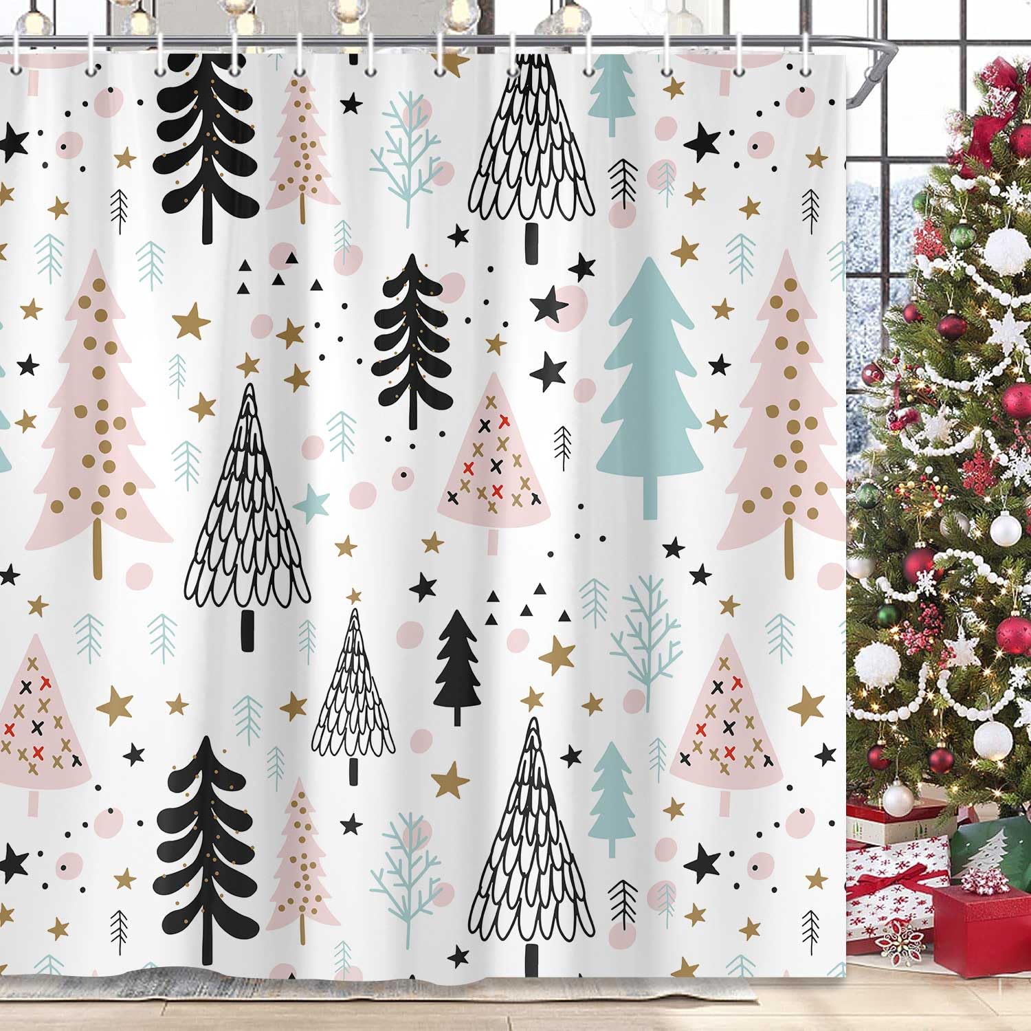 Hjokiupt Merry Christmas Shower Curtain, Winter Fashion Xmas Tree New Year Holiday Home Decor Bath Curtains, Farmhouse Forest Sn