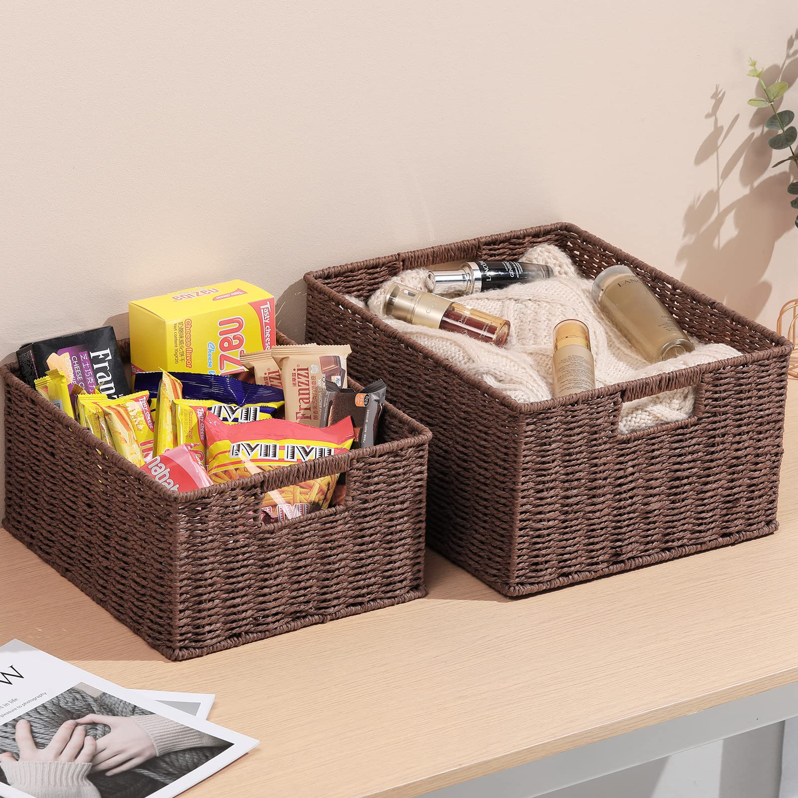 HOONEX Large Woven Baskets for Storage  Paper Rope Baskets with Sturdy Metal Wire Frame  Baskets for Shelves  Set of 2  Dark Brown