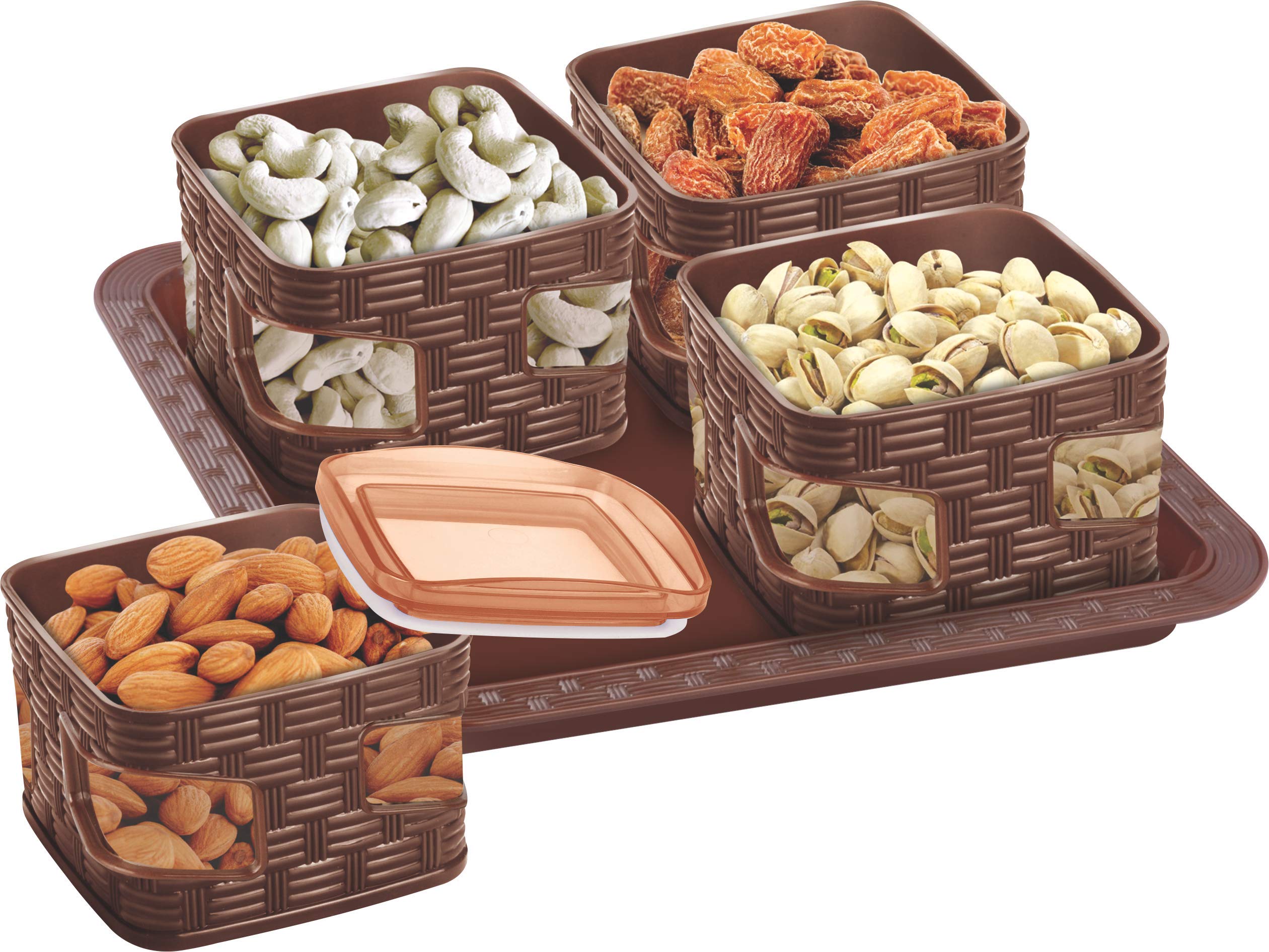 Porpoise Brown Airtight Dry Fruit Box Container Set With Lid & Serving Tray (500Ml Each) For Kitchen Table