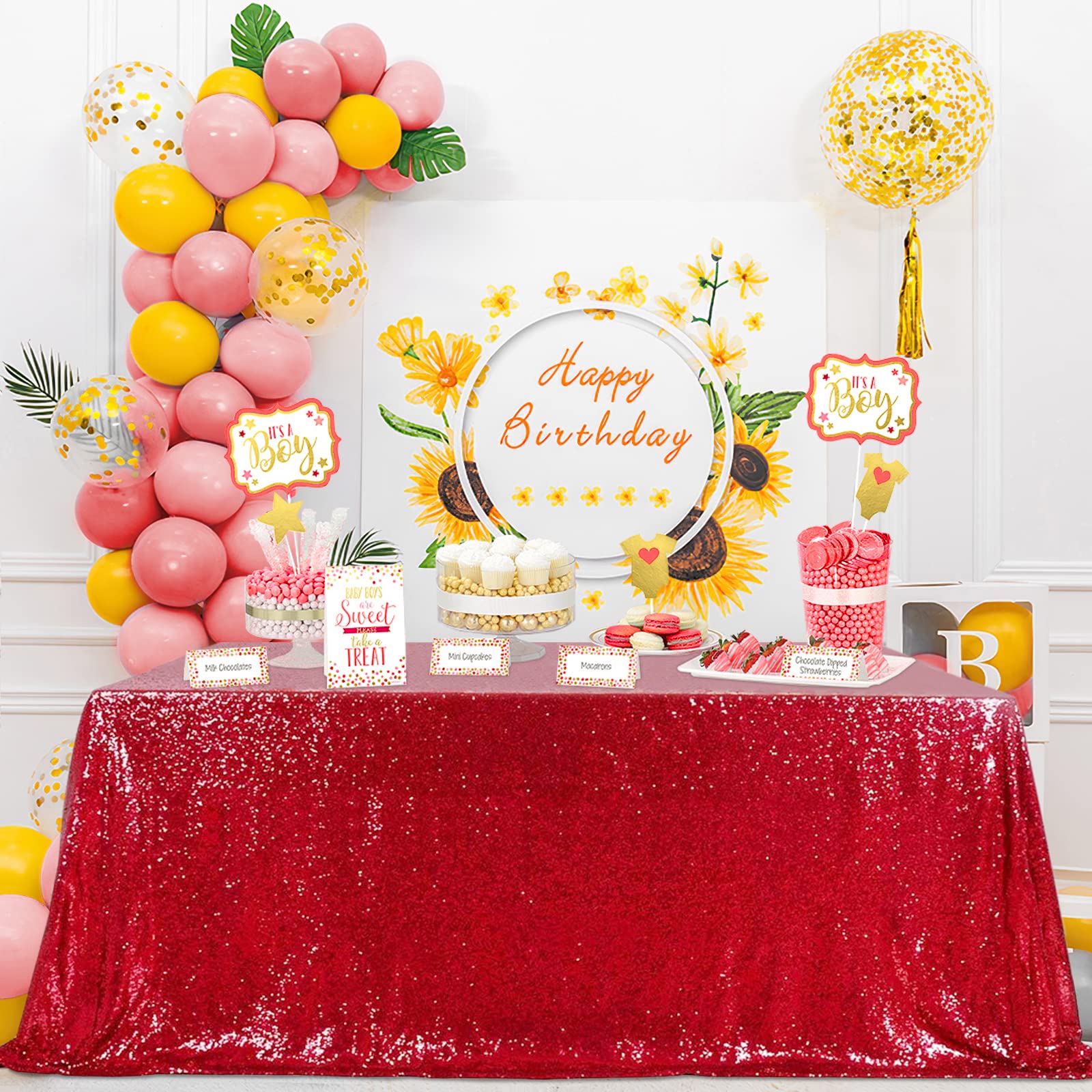Queendream Sequin Tablecloth 90''X156'' Red Tablecloth Rectangular Party Tablecloth For Christmas Wedding Birthday Bridal Shower