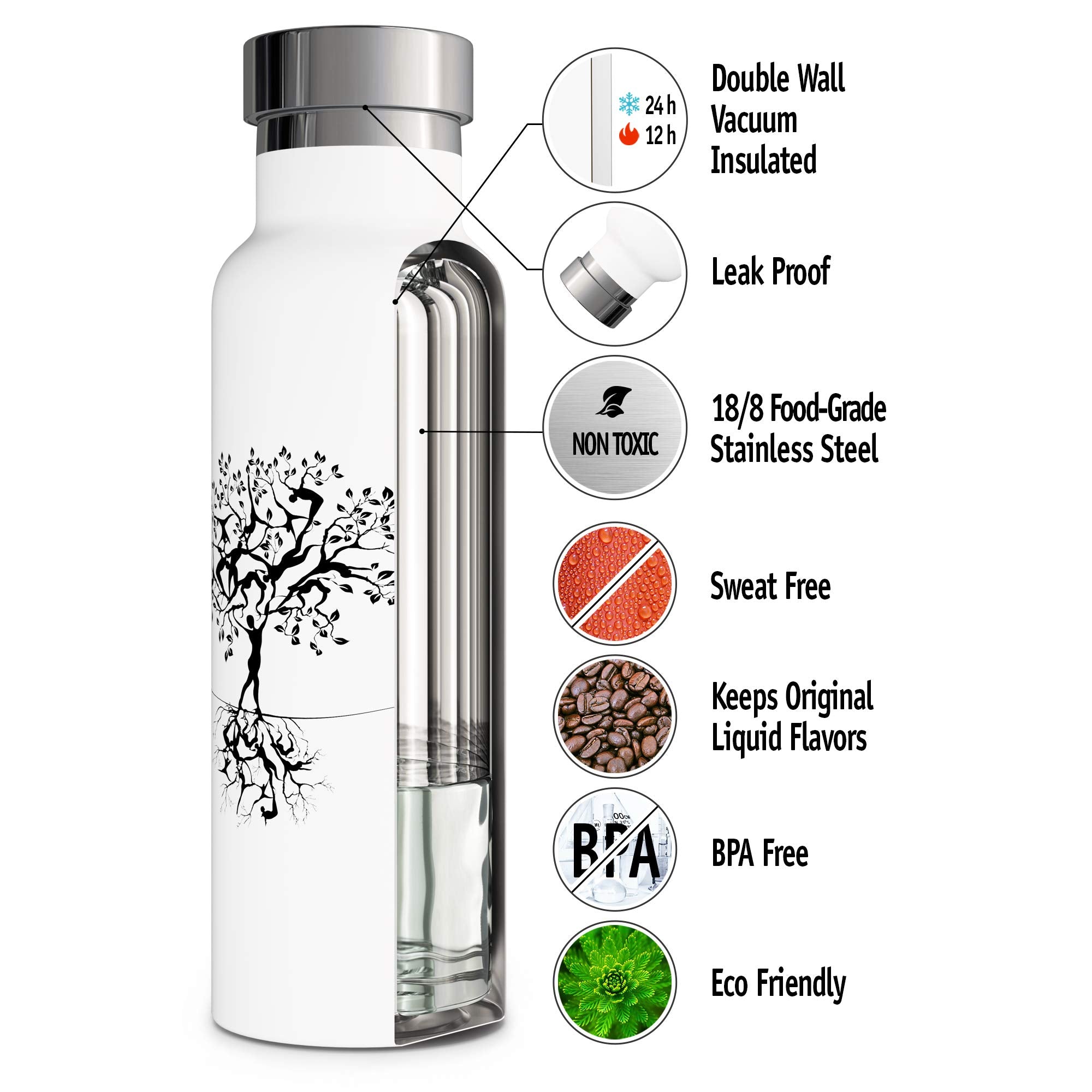 Involve & Evolve Insulated Water Bottle with 3 Lids (Straw Lid) Kids Reusable Double Walled Stainless Steel Flask Metal Tree of Life Thermos 12oz 17oz 20oz 25oz (20 oz White)