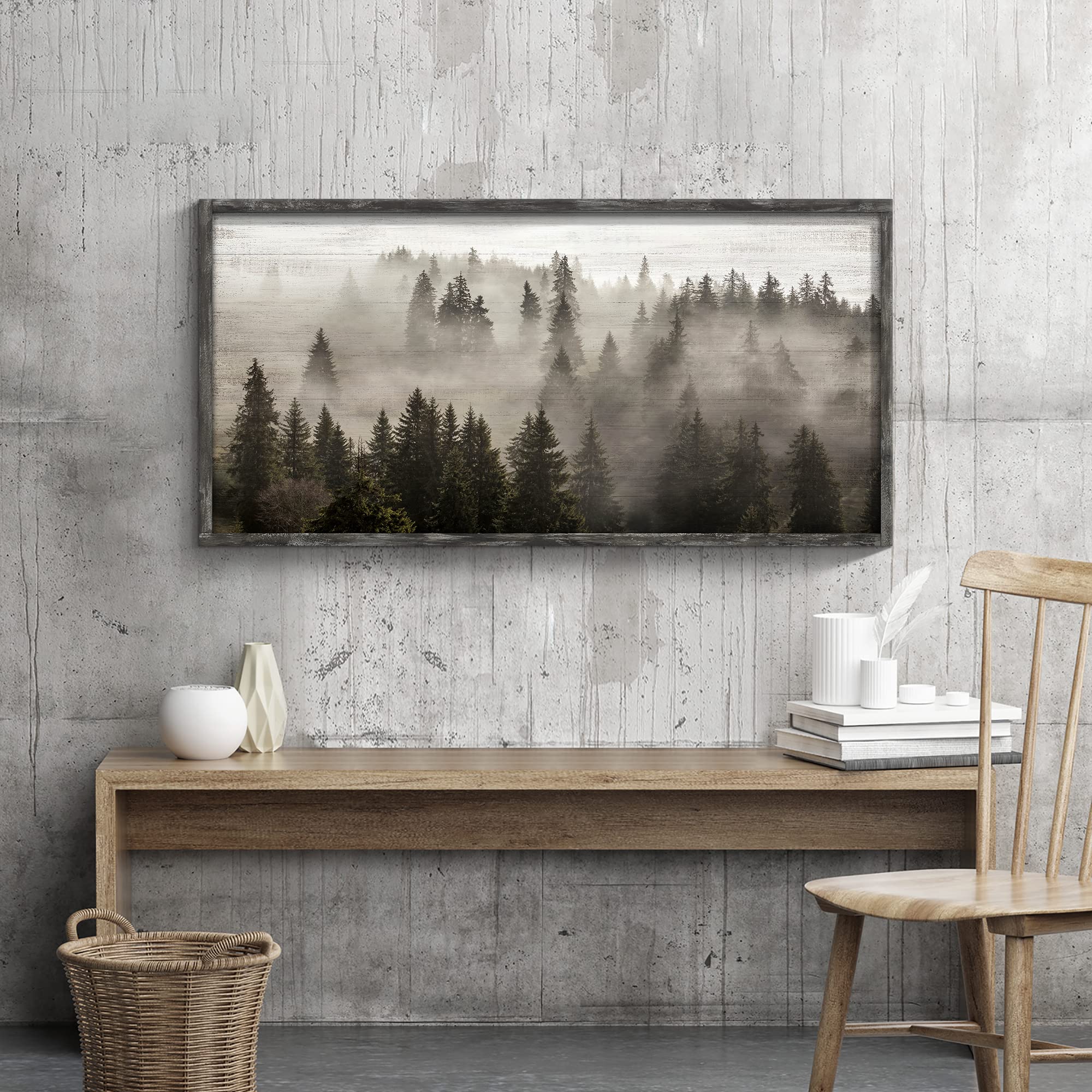 Foggy Forest Wooden Wall Art: Landscape Mountain Artwork Prints With Wooden Framed For Living Room (40   W X 20   H, Multi-Sized