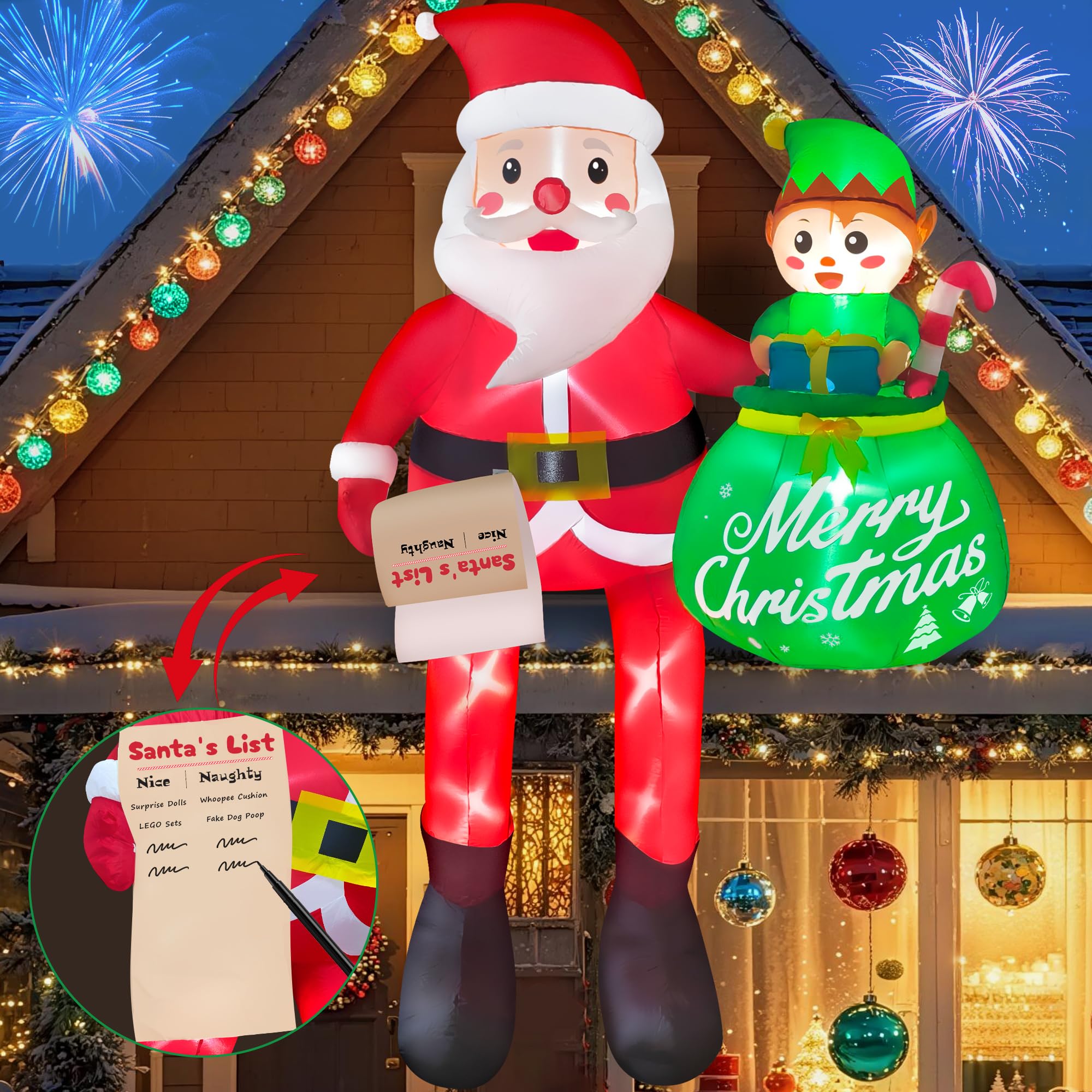 CORALMEE 10 FT Christmas Inflatables Santa Claus, Christmas Blow Up Yard Decorations with Built-in LEDs & Elf, Climbing Santa In