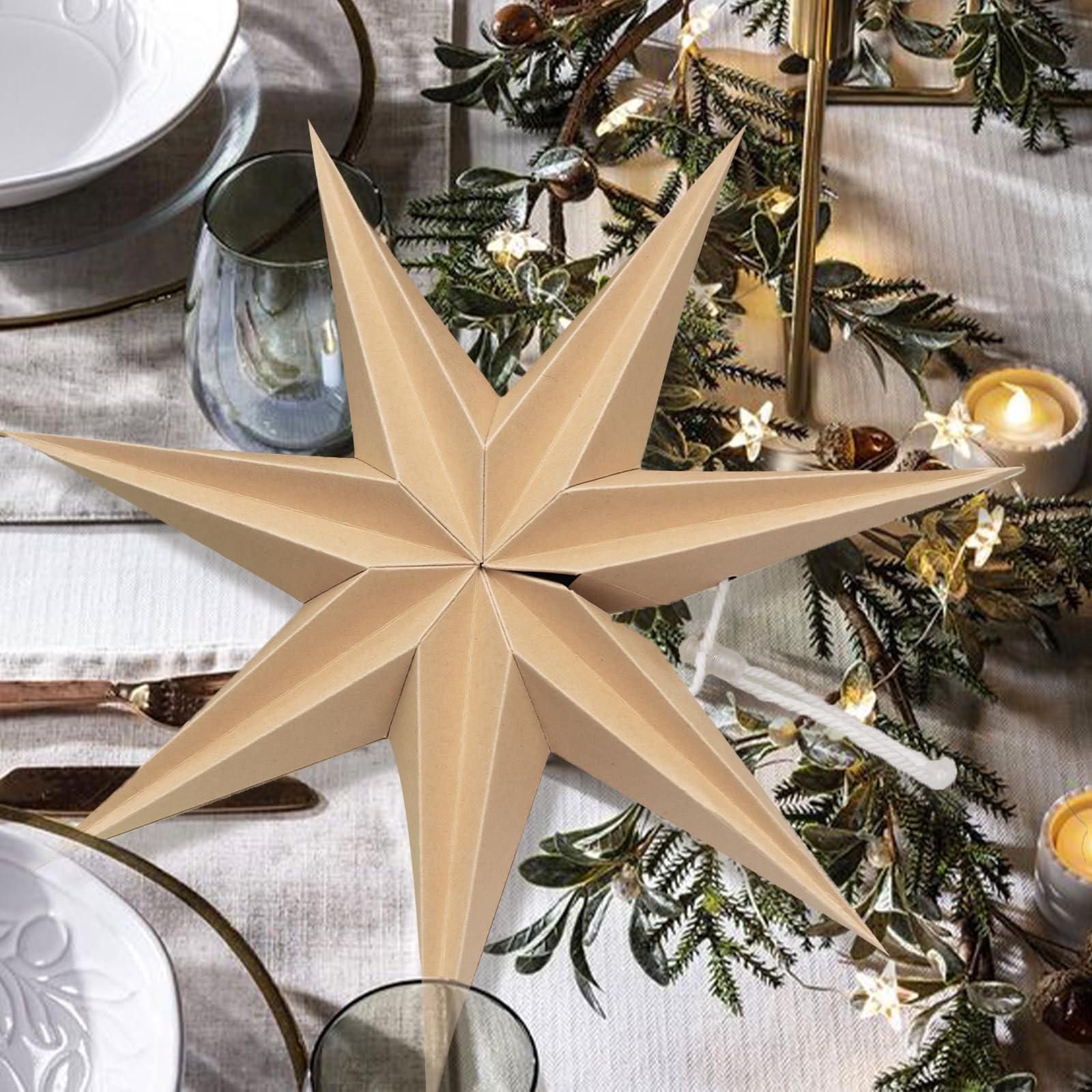 3Pcs 12Inch 7-Pointed Natural Paper Star Landerns Hanging Decoration Set Festive Holiday Decor Stars Shape Landerne For Christma