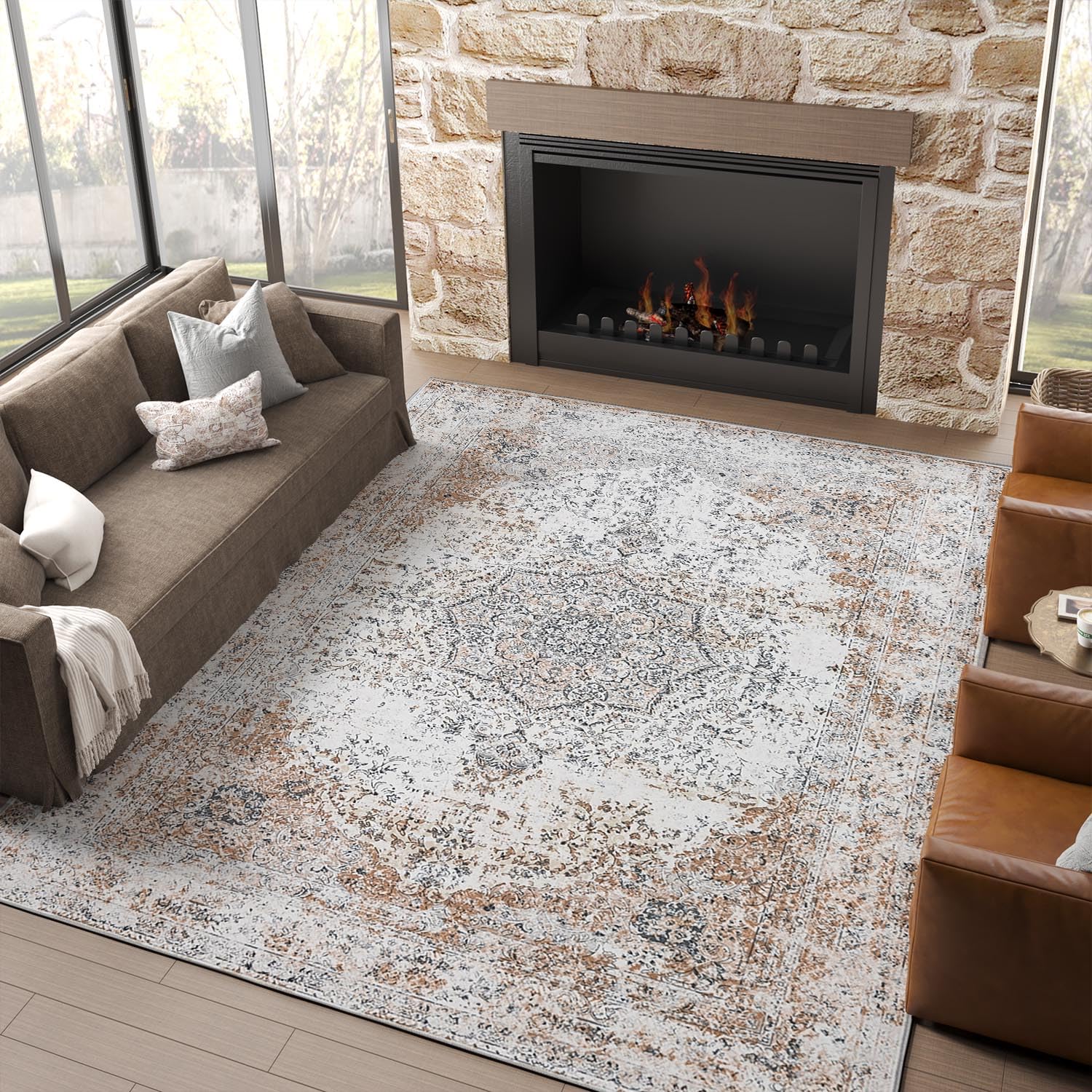 jinchan Area Rug 8x10 Washable Rug Taupe Vintage Rug Traditional Mat Distressed Indoor Foldable Thin Rug Retro Accent Rug Floral