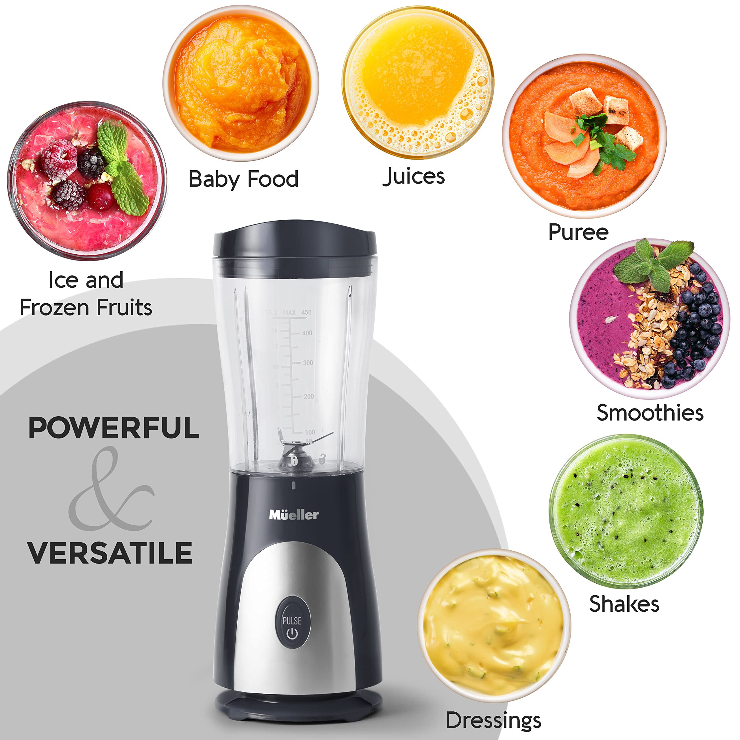 Mueller Personal Blender For Shakes And Smoothies With 15 Oz Travel Cup And Lid, Juices, Baby Food, Heavy-Duty Portable Blender