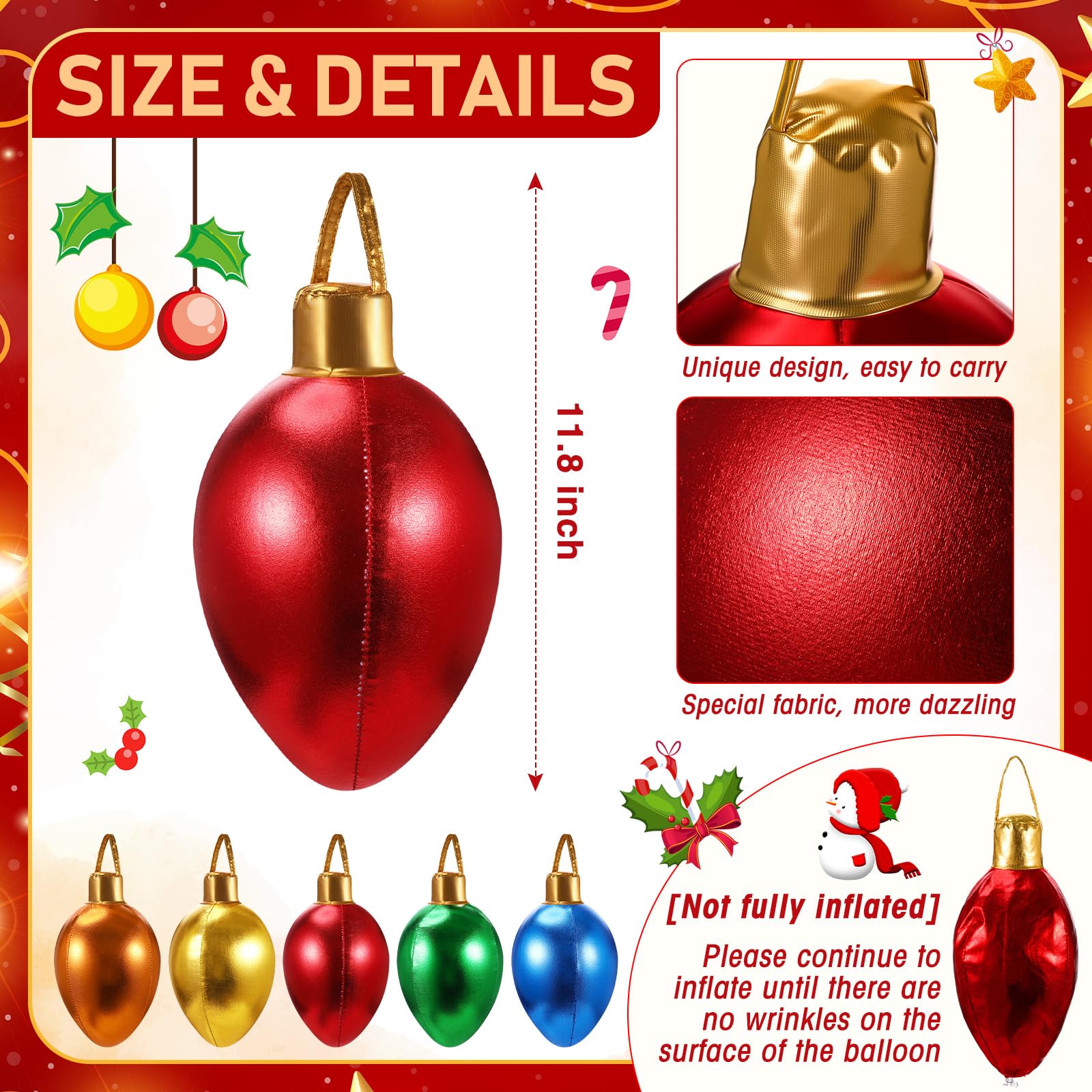 Charnoel 5 Pack 11.8  Christmas Inflatable Bulb Ornament with Glitter Cloth Cover, Giant PVC Xmas Blow Up Ornaments Holiday Blow