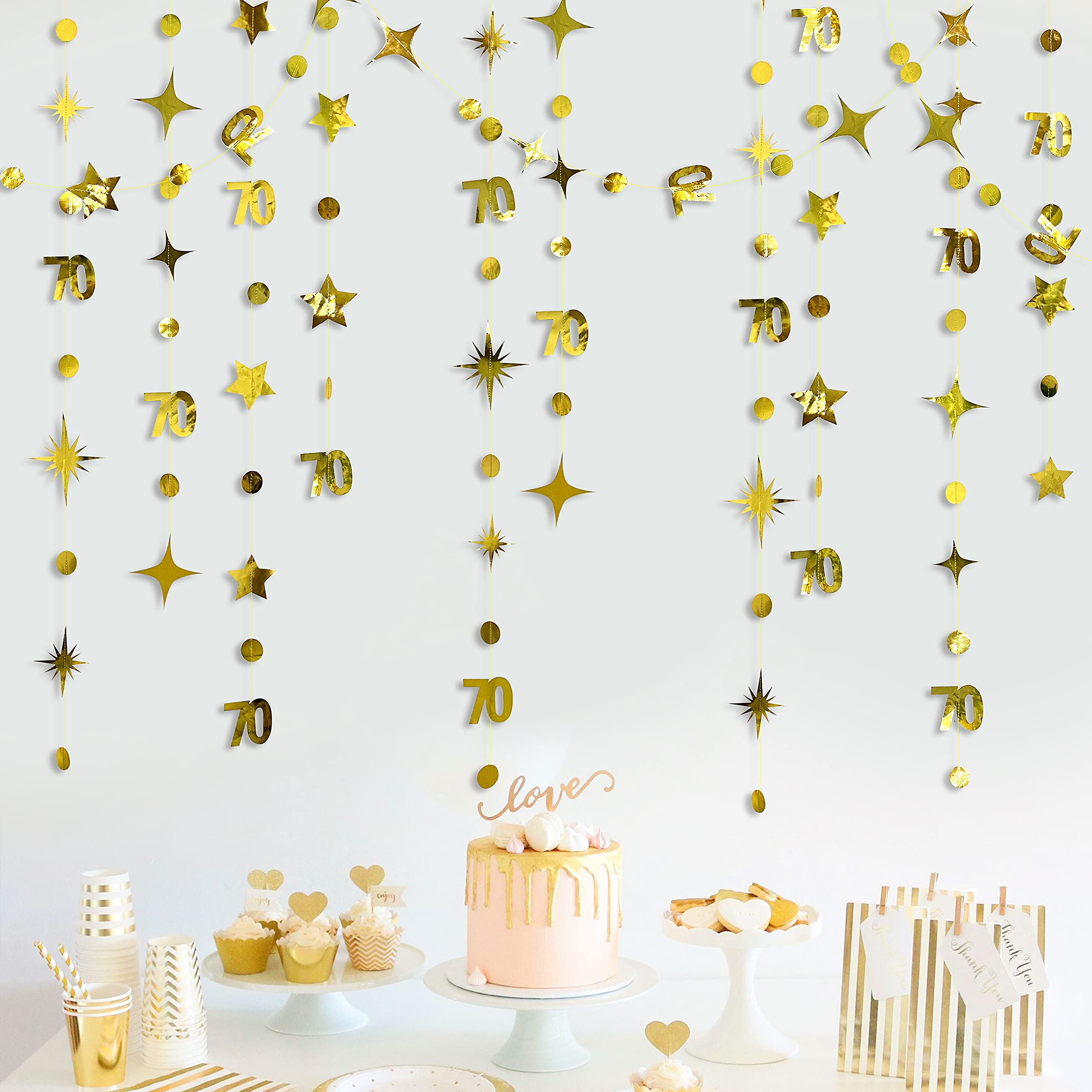 Gold 70Th Birthday Decorations Number 70 Circle Dot Twinkle Star Garland Metallic Hanging Streamer Bunting Banner Backdrop For W