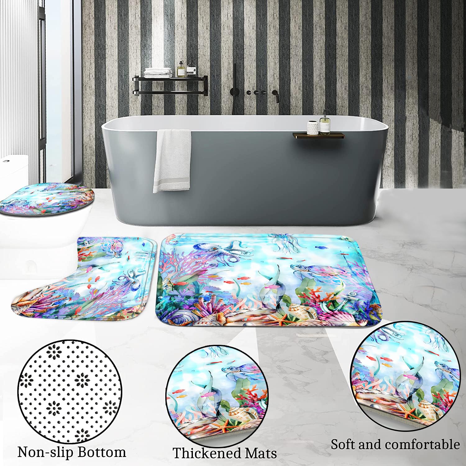 Pretyw 4-Piece Blue Ocean Seaworld Shower Curtain Set Marine Life Bathroom Set With Shower Curtain And Rugs, Octopus Turtle Cora
