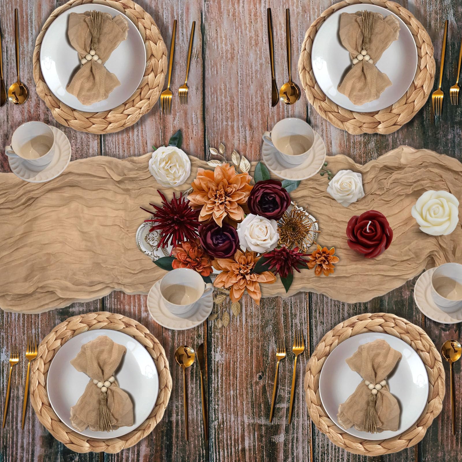 Fusenyuan Beige Cheesecloth Table Runner 10Ft +6 Napkins +6 Wood Bead Tassel Napkin Rings (120'' X 35'' ) Rustic Gauze Sheer Tab