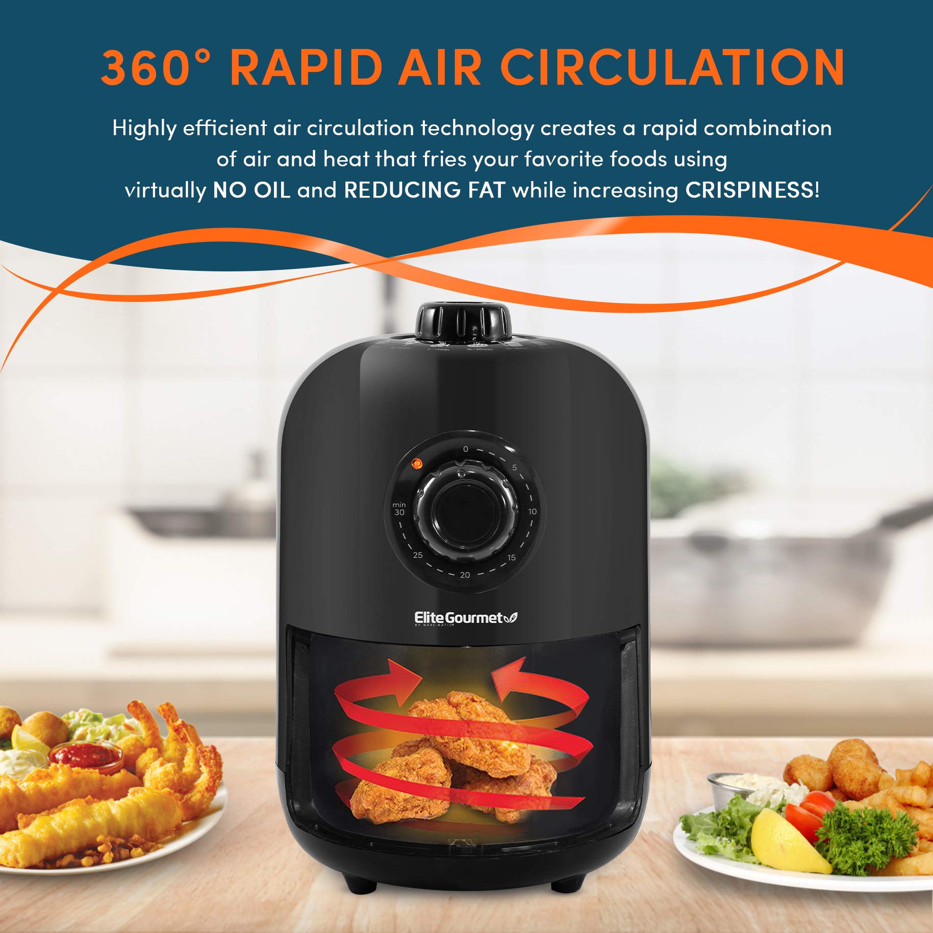 Elite Gourmet EAF-1121X Electric Hot Air Fryer, 1.1 Qt, Black, Oil-Less, Compact, Timer & Temperature Controls, 1000W