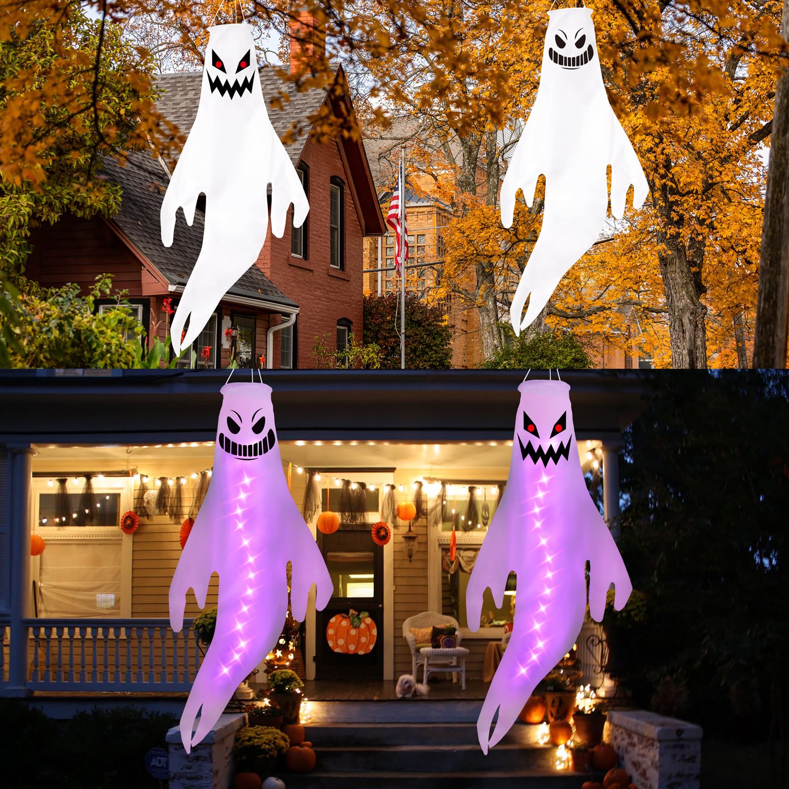 Geefuun 2PCS Purple Halloween Fierce Ghost Windsocks Hanging Decorations -43 Inch Flag Wind Socks for Home Yard Outdoor Decor Pa