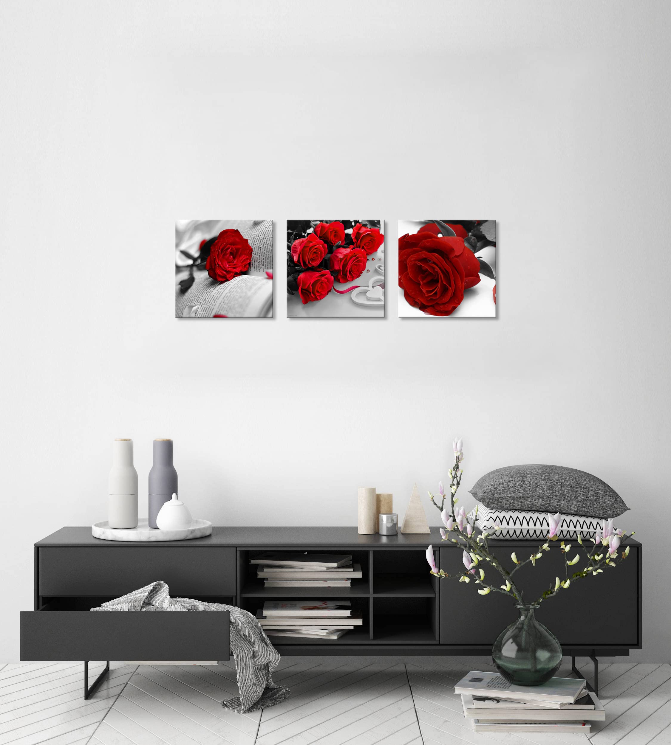 Nan Wind 3 Pcs Black White With Red Wall Art Red Rose Wall Decor Abstract Decorations Flower Picture On Canvas For Home Decor St