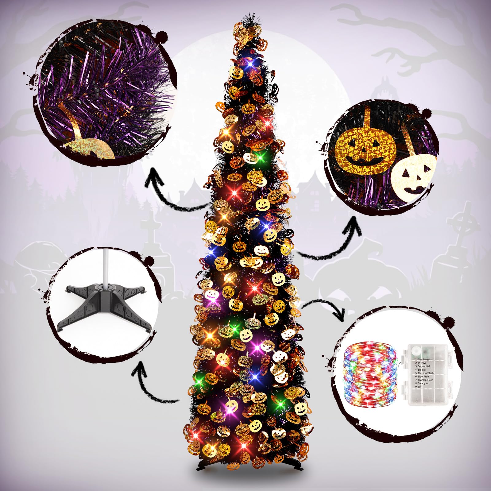 N&T NIETING Halloween Tree Decorations with 100LED Lights 5FT Pop Up with Timer & 8 Modes Collapsible Pencil Tinsel Trees with H