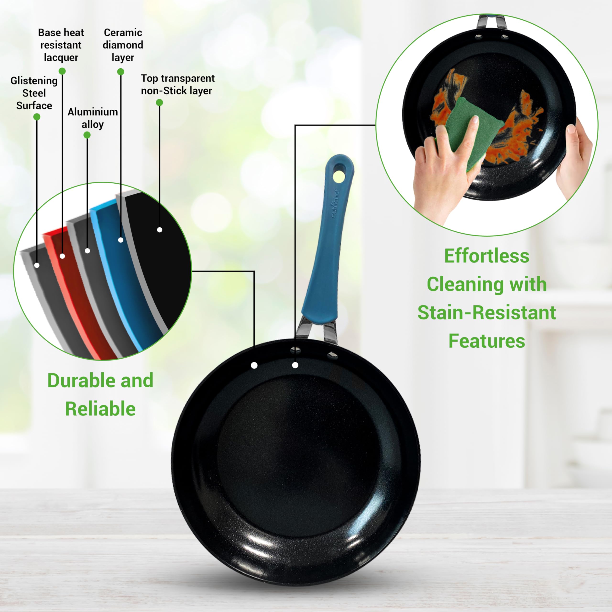 NutriChef 11 Pc Pots and Pans Set Non Stick Cookware with Ceramic Coating, Ergonomic Handles, Induction Ready, Includes Saucepan