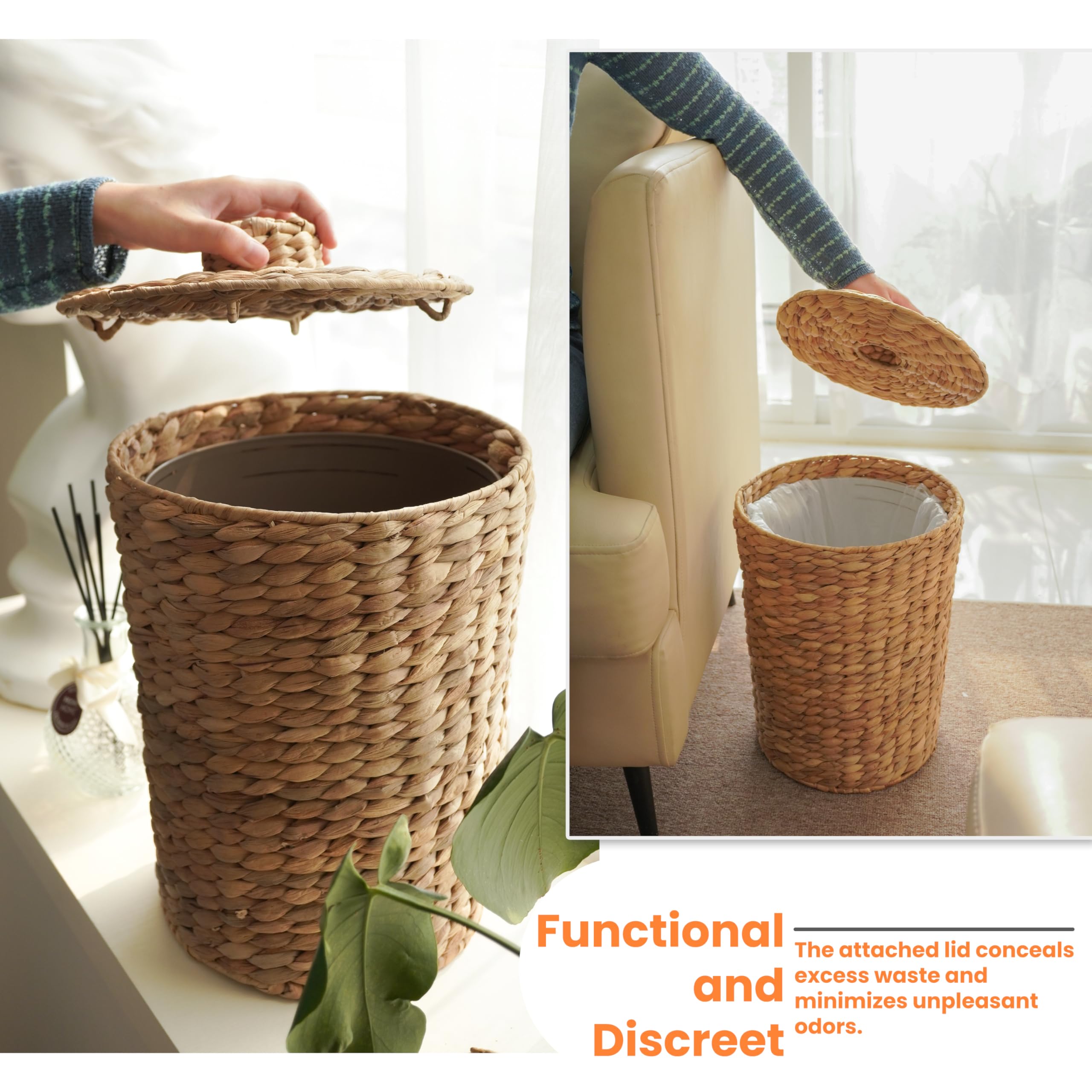 Tidita 3 Gallons Wicker Woven Waste Basket With Lid - Water Hyacinth Trash Can For Office Garbage - Handwoven Wastebaskets For B