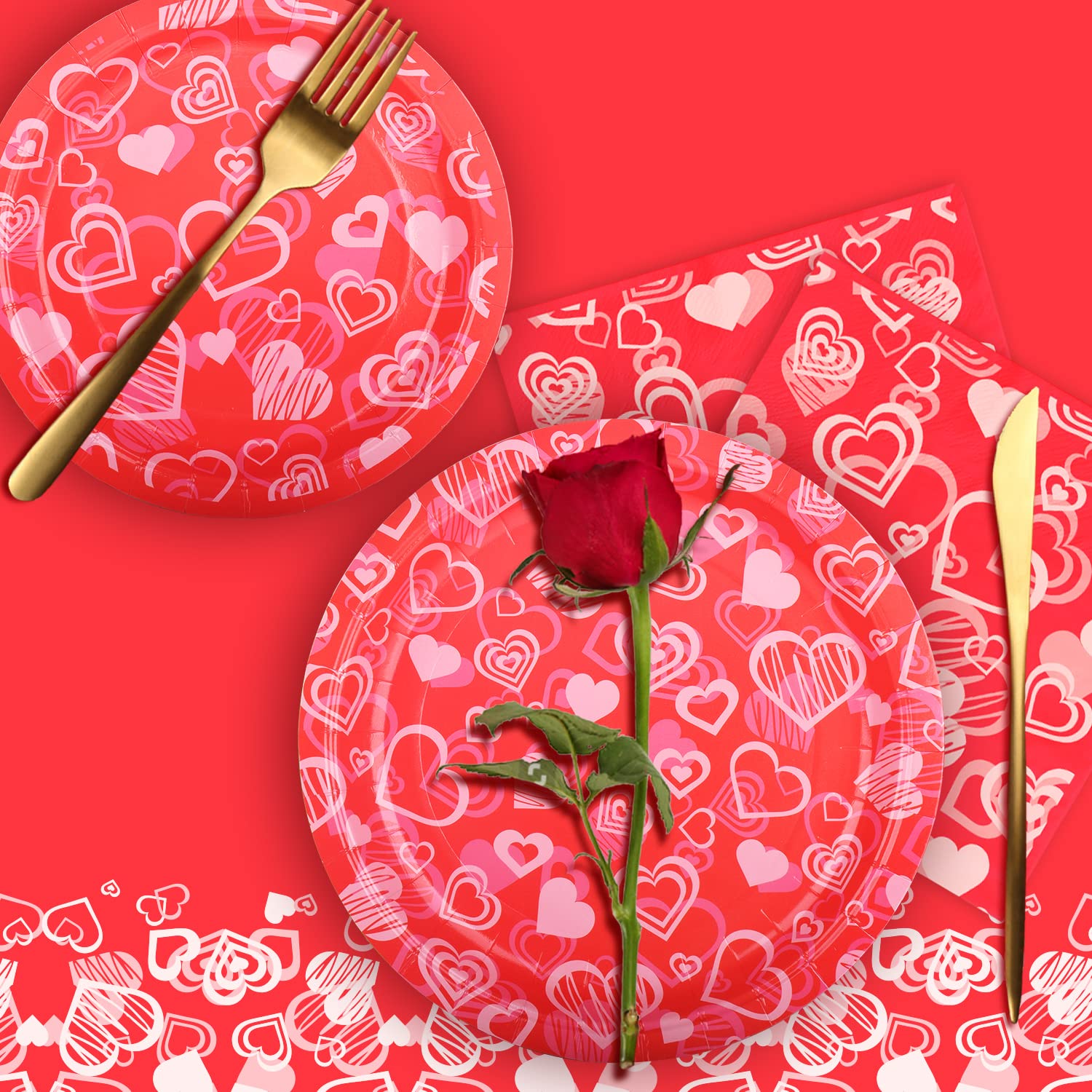 Gatherfun Valentine'S Day Party Supplies Hot Heart Love Disposable Paper Plates Napkins Waterproof Plastic Tablecloth For Valent