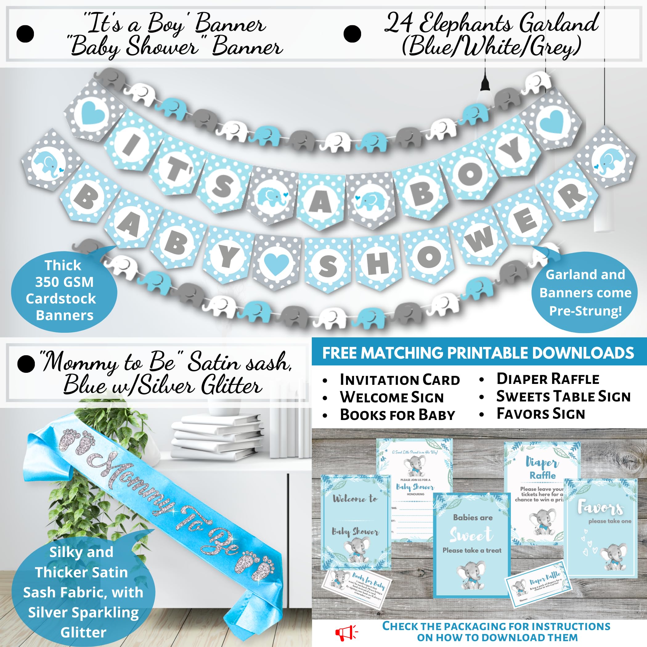 697 Pcs Premium Elephant Baby Shower Decorations For Boy Set It'S A Boy Banner, Napkins, Straws, Paper Decorations, Cake Toppers