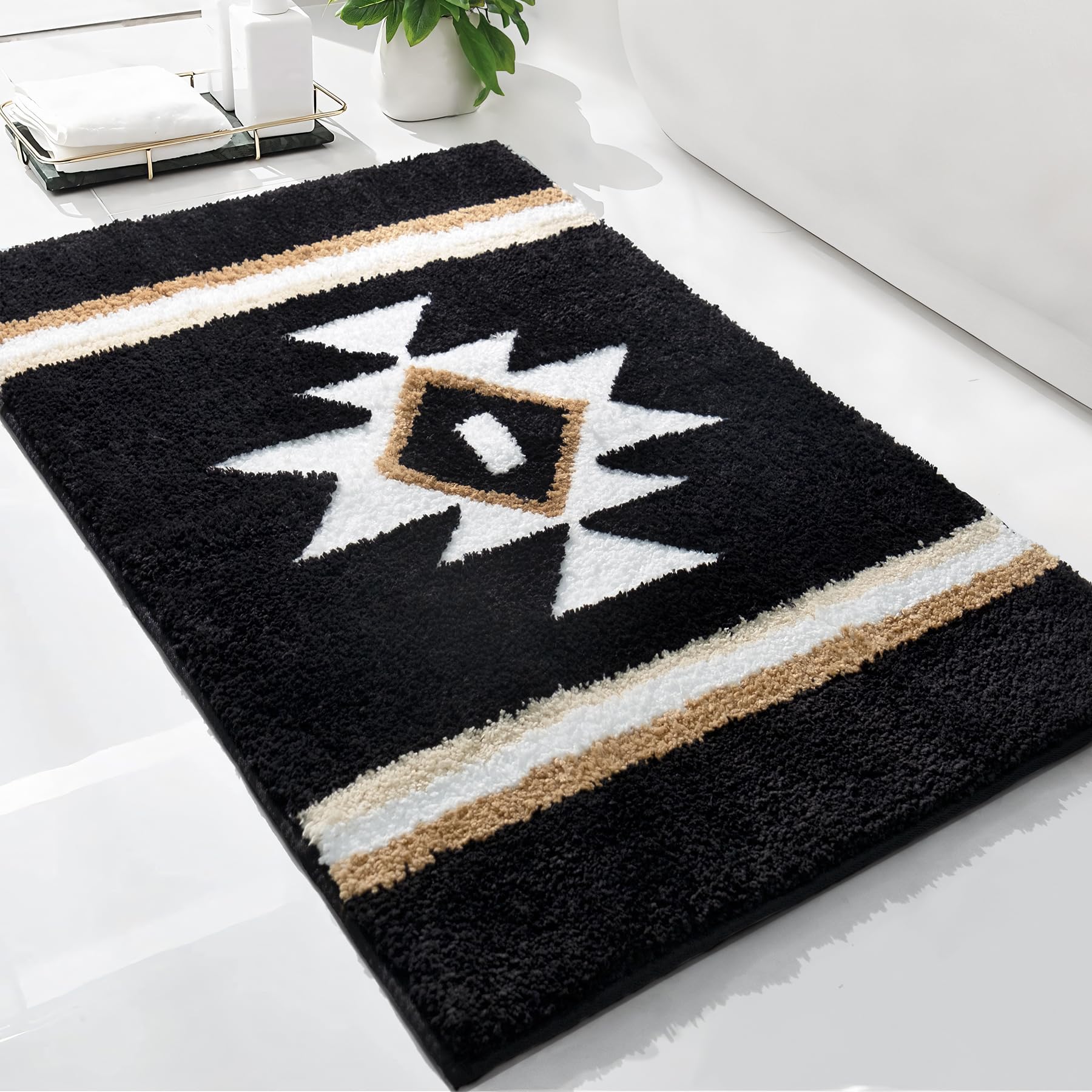 Tanvill Boho Bathroom Rugs Black Bath Mat Non Slip Soft Absorbent Western Geometric Bath Rug Luxury Plush Floor Mat For Farmhous